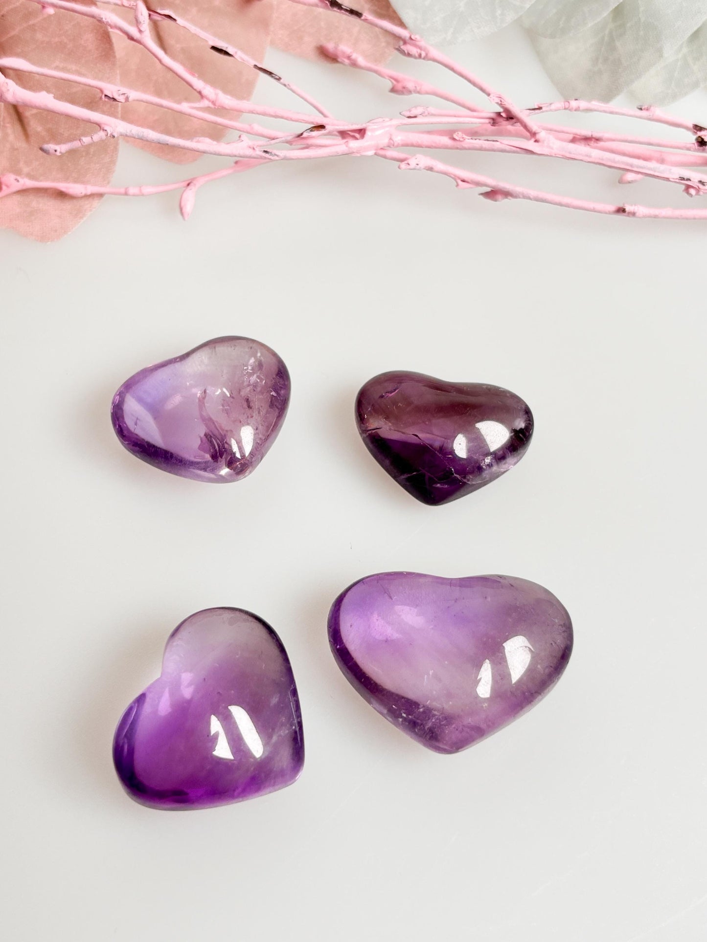 Very transparent premium amethyst hearts with rainbows - noble crystal hearts for decoration and healing, gift idea