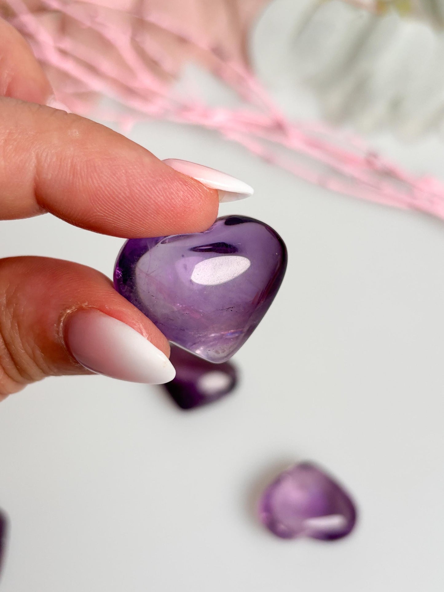 Very transparent premium amethyst hearts with rainbows - noble crystal hearts for decoration and healing, gift idea
