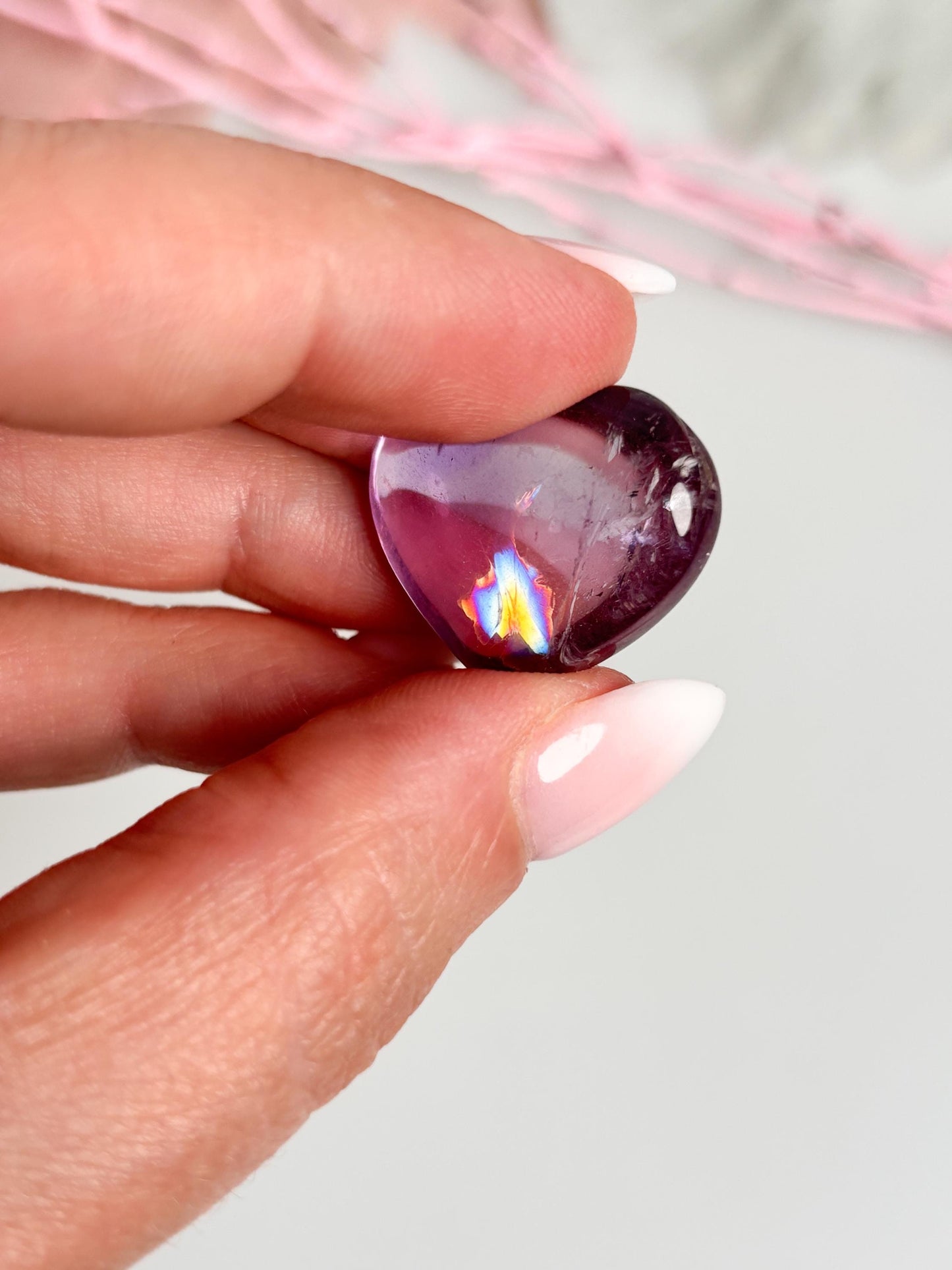 Very transparent premium amethyst hearts with rainbows - noble crystal hearts for decoration and healing, gift idea
