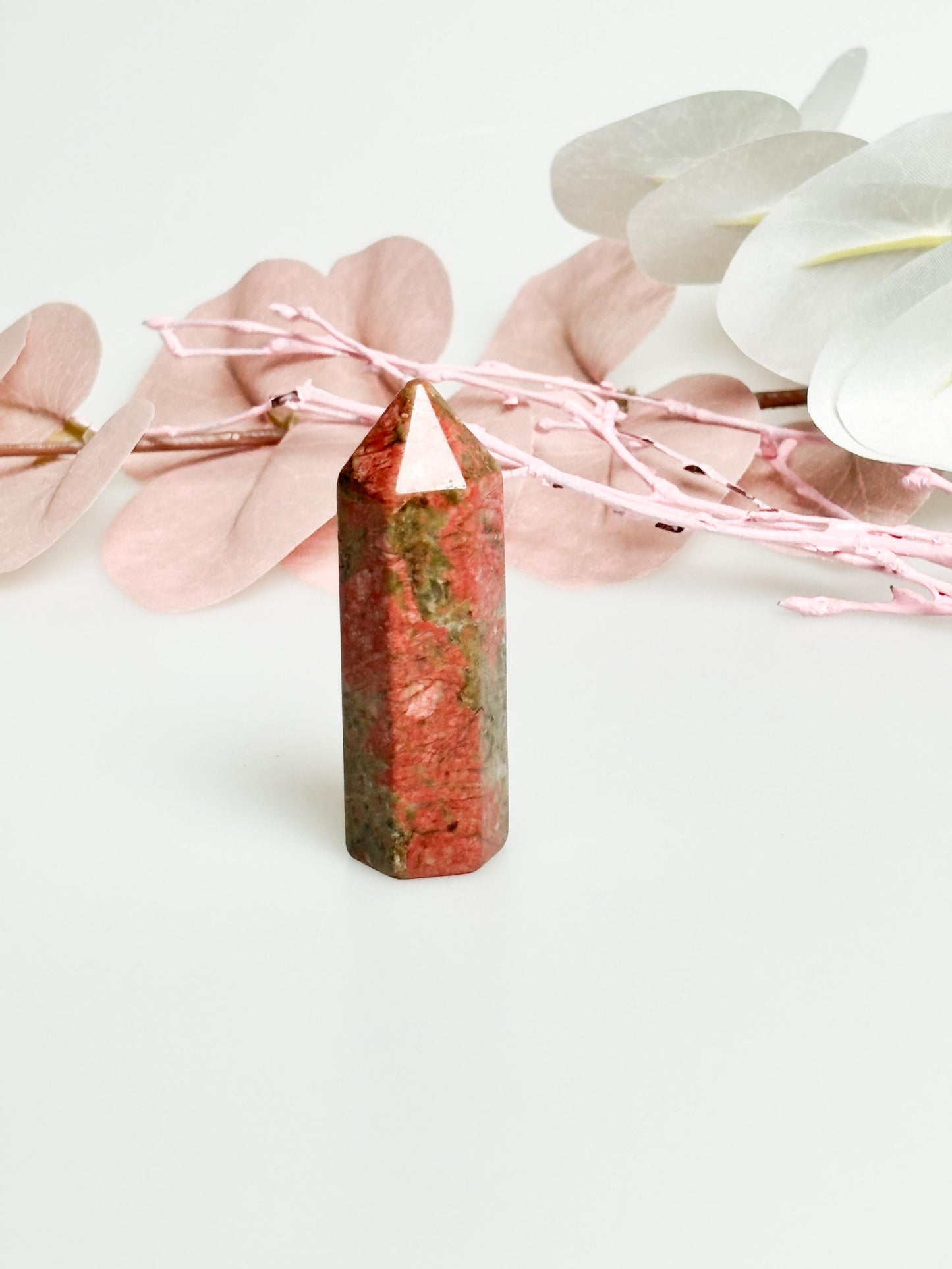Small Unakite Tower - Beautiful green and red drawing, natural stone decoration