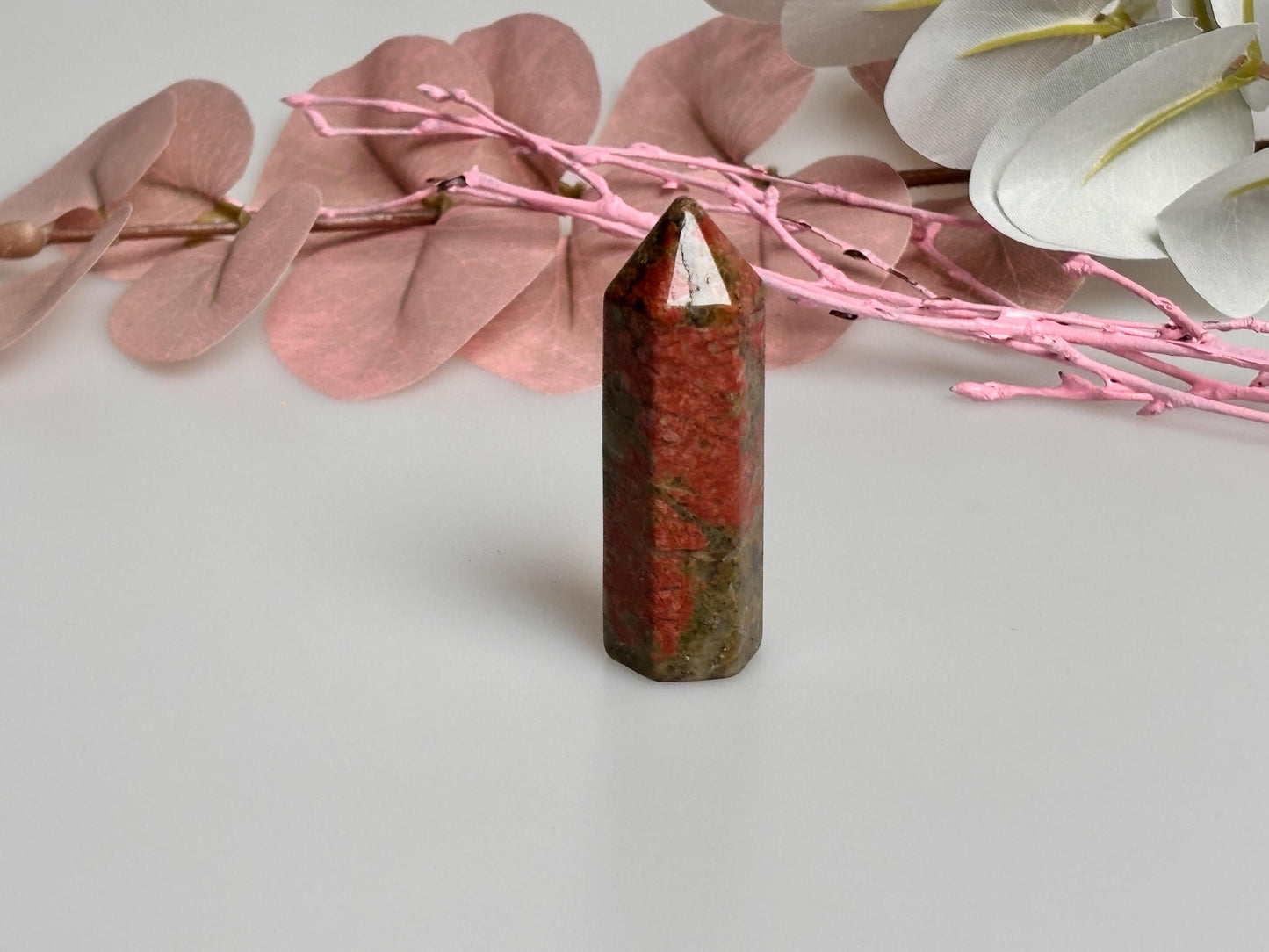 Small Unakite Tower - Beautiful green and red drawing, natural stone decoration