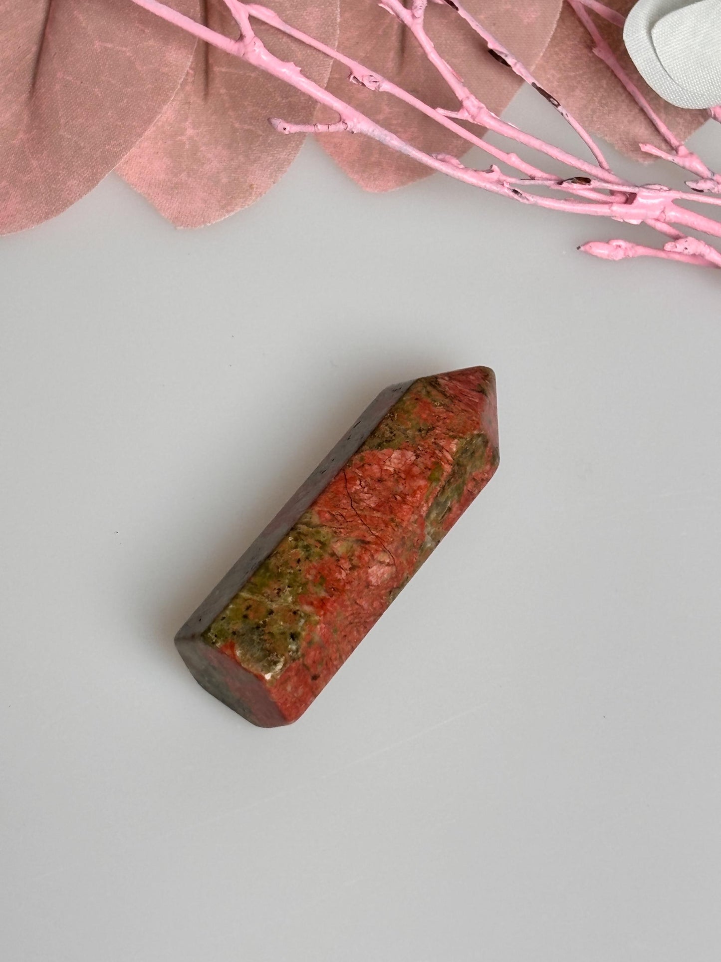 Small Unakite Tower - Beautiful green and red drawing, natural stone decoration
