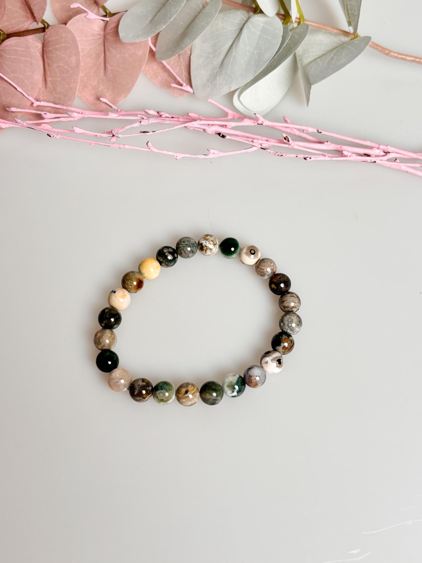 Elastic pearl bracelet with 8 mm moss agate - natural gemstone jewelry|grounding|healing stone