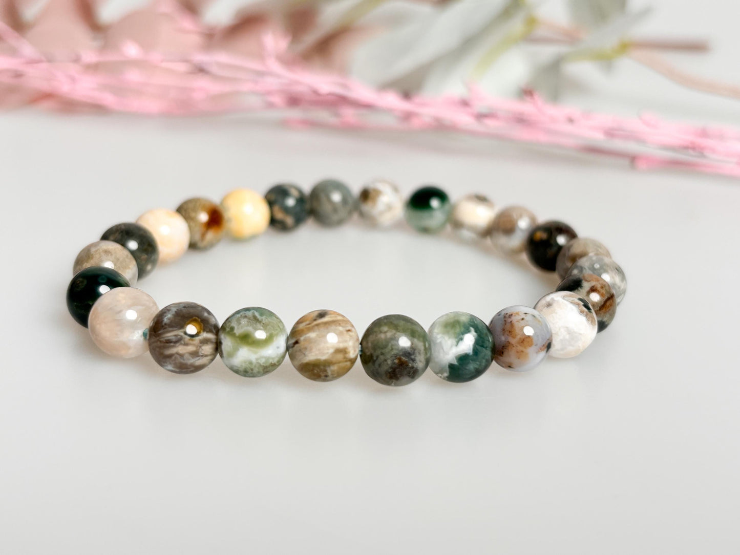 Elastic pearl bracelet with 8 mm moss agate - natural gemstone jewelry|grounding|healing stone