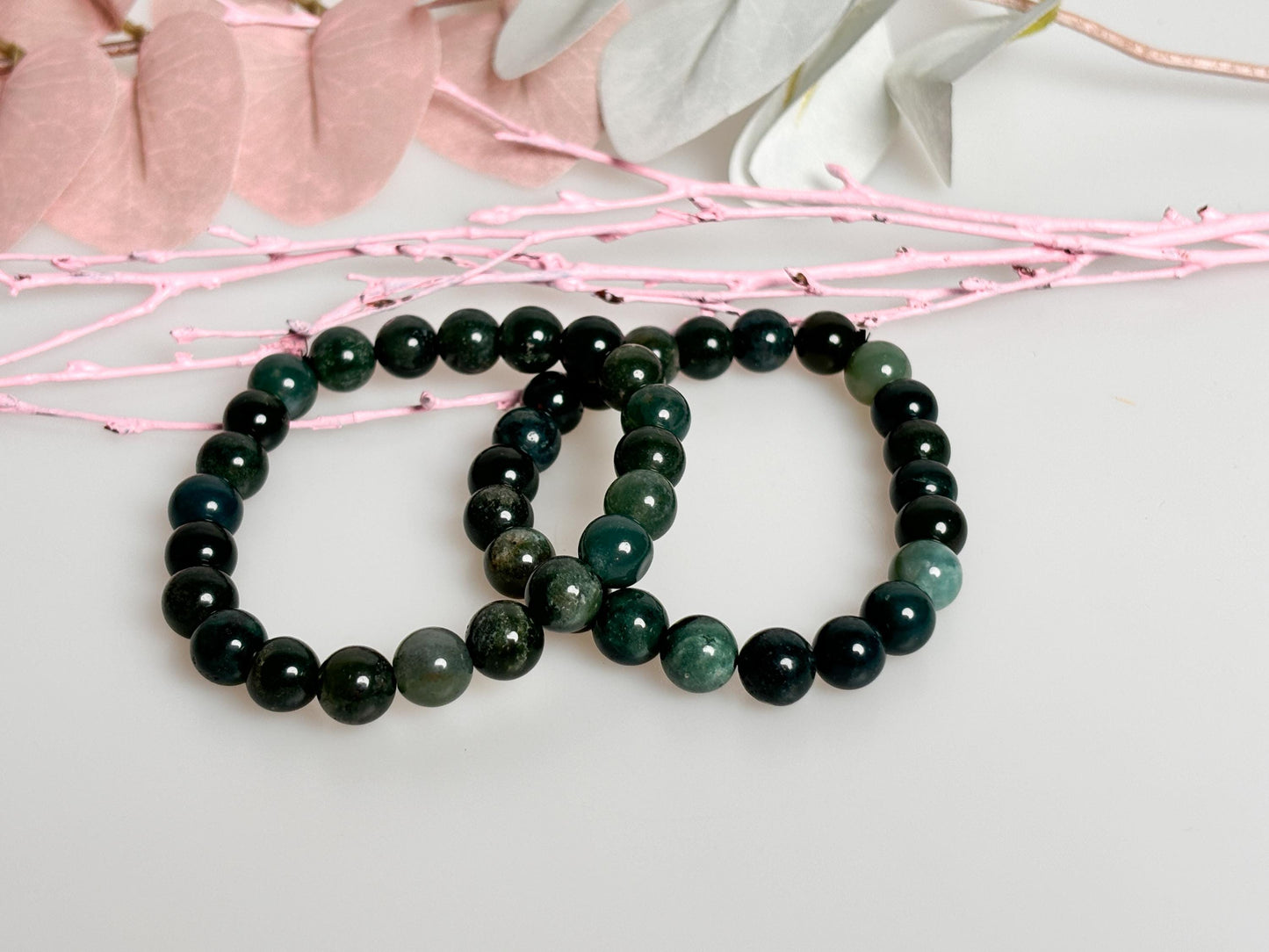 Elastic moss agate bracelet 8mm | Natural stone jewelry for balance & harmony | Handmade spiritual accessory