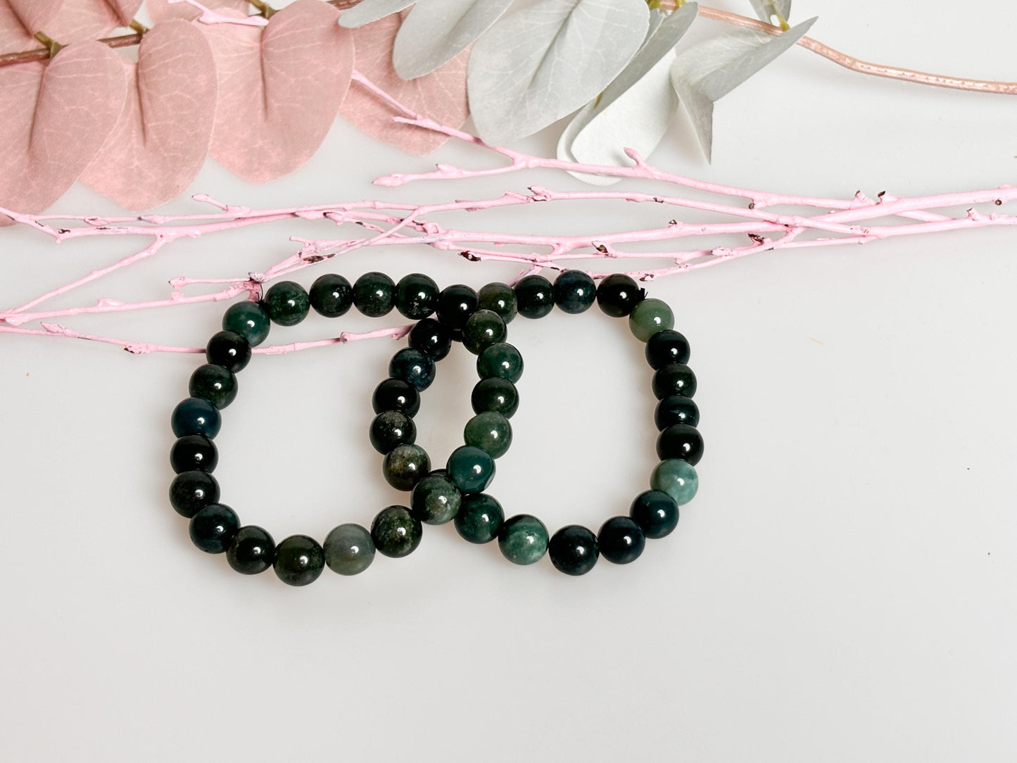 Elastic moss agate bracelet 8mm | Natural stone jewelry for balance & harmony | Handmade spiritual accessory