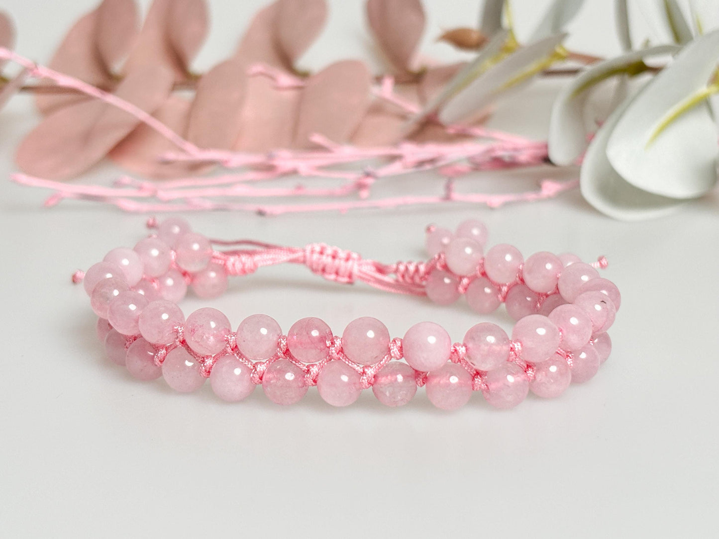 Rose Quartz Macrame Bracelet – Adjustable Size, 6mm Beads, Handmade Jewelry