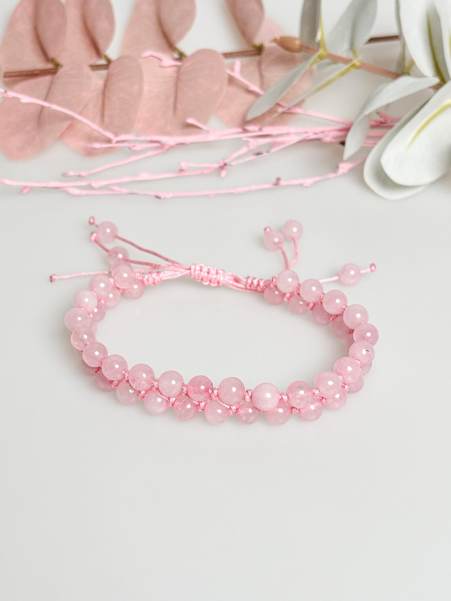 Rose Quartz Macrame Bracelet – Adjustable Size, 6mm Beads, Handmade Jewelry