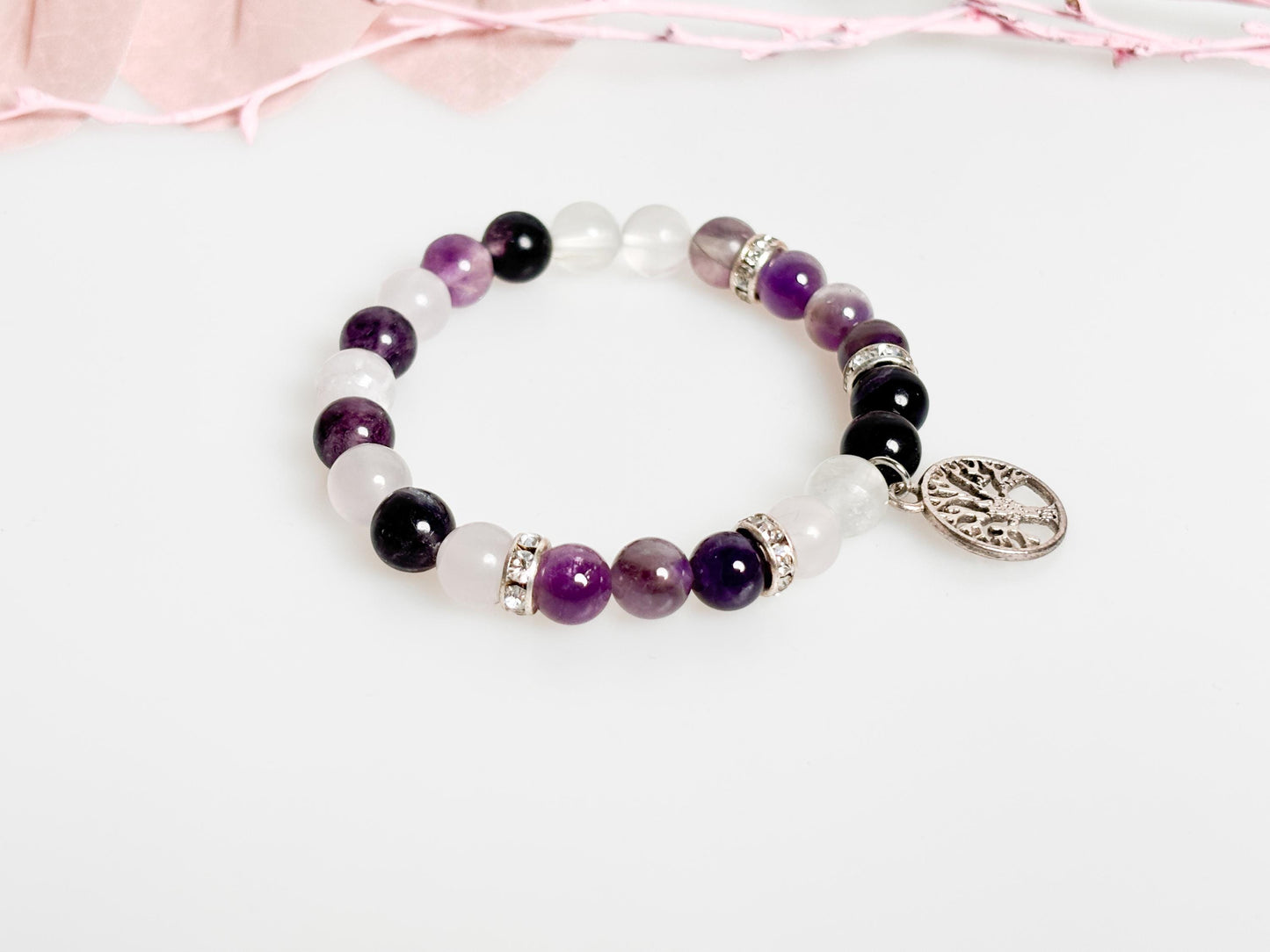 Elastic pearl bracelet 8mm: Amethyst, Fluorite & Rock Crystal – Handmade Chakra Jewelry, Healing Stones, Boho Style