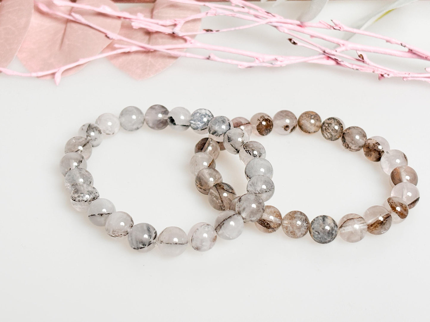 Elastic garden quartz bracelet 8mm | 17cm length | Natural tones in grey & brown | Handmade | Gemstone jewelry
