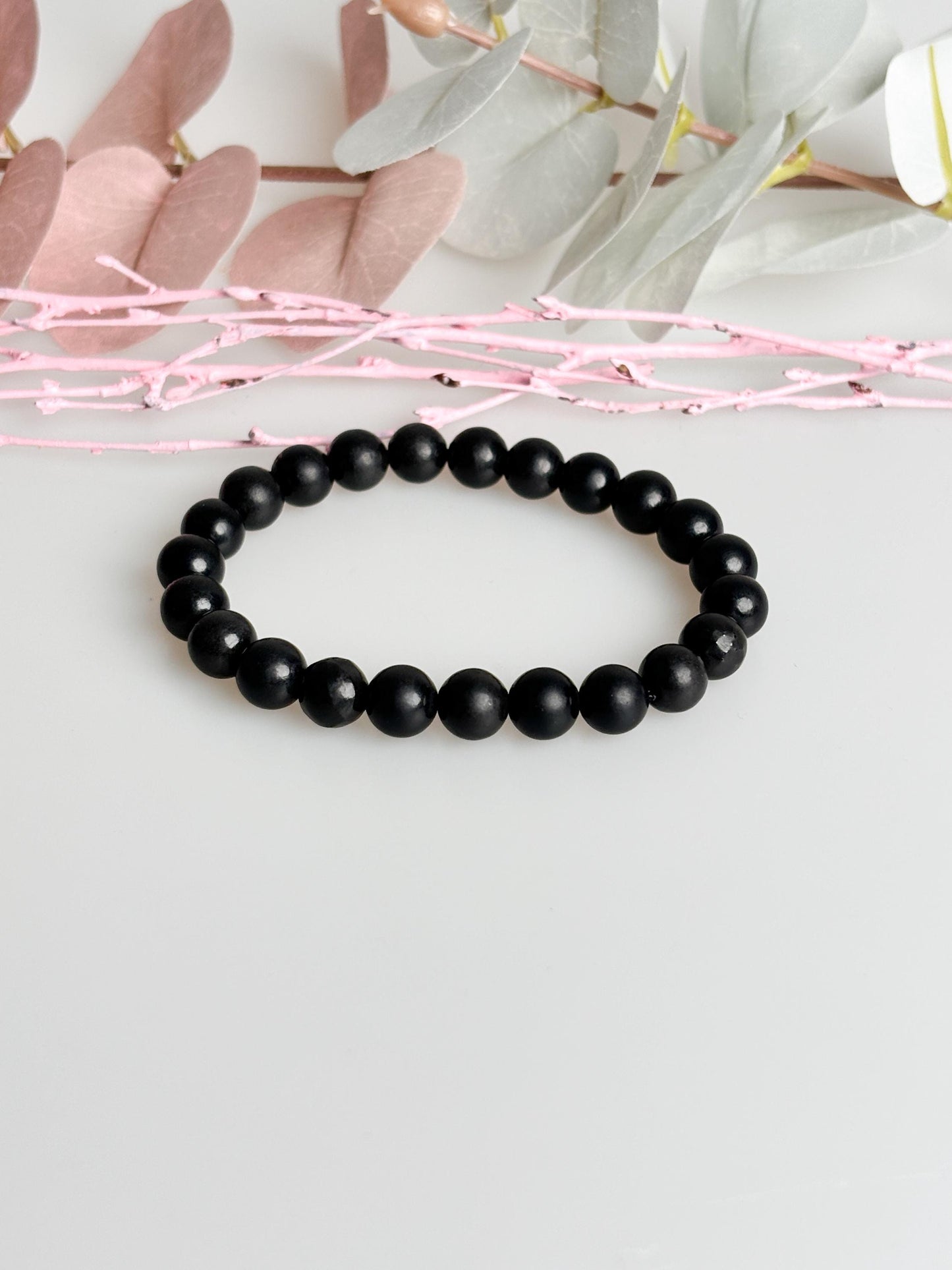 Elastic Shungite Pearl Bracelet, 8mm Beads, 18cm Length, Protective Healing Stone for Energy & Balance, Handmade