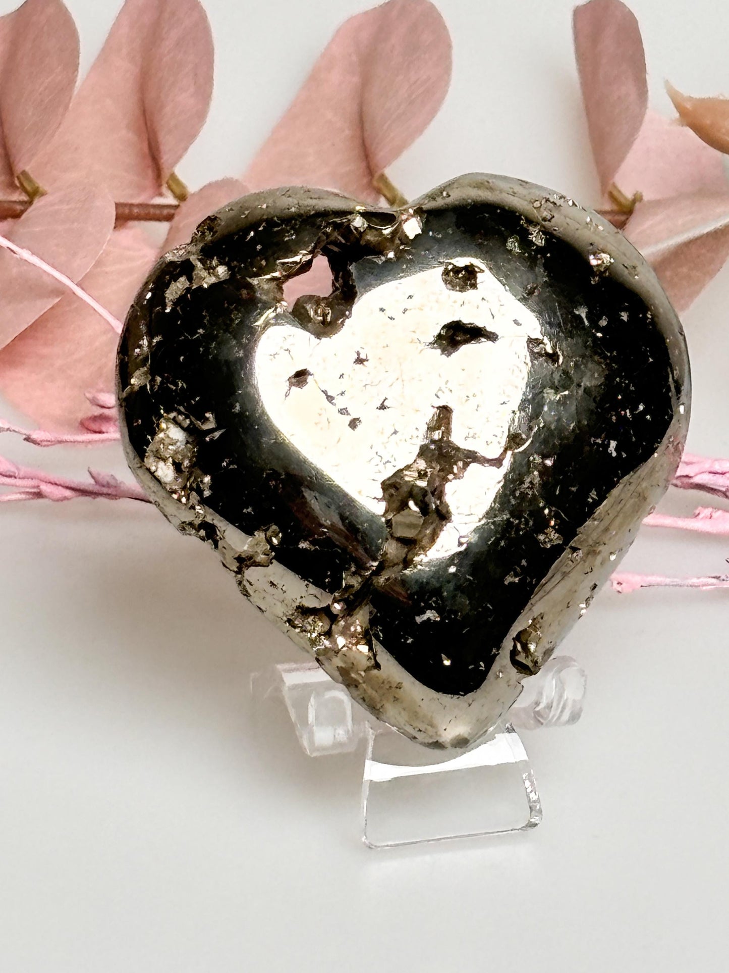 Shiny pyrite heart large for decoration, with impressive druses and unique shine - perfect for stylish accents