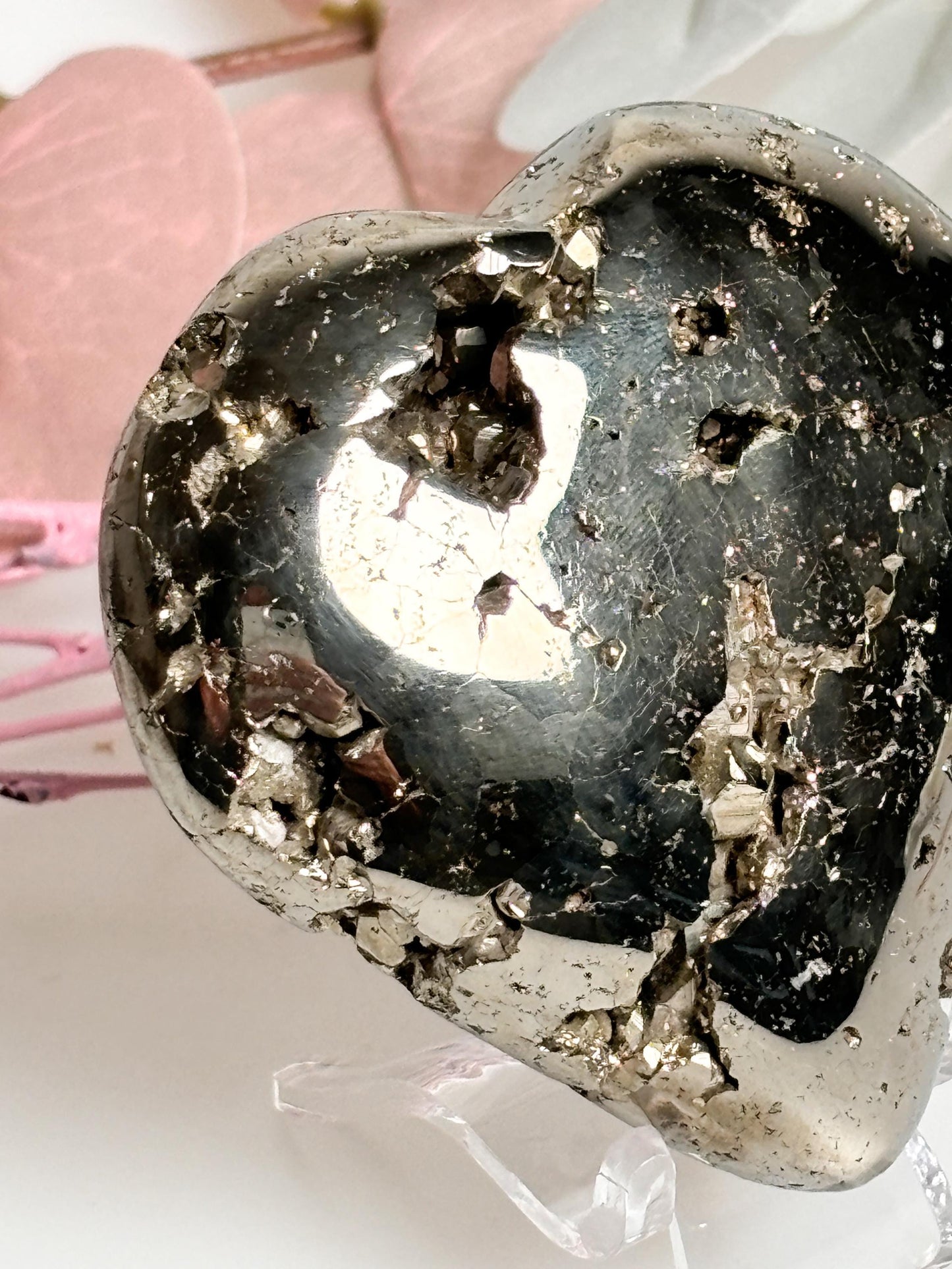 Shiny pyrite heart large for decoration, with impressive druses and unique shine - perfect for stylish accents