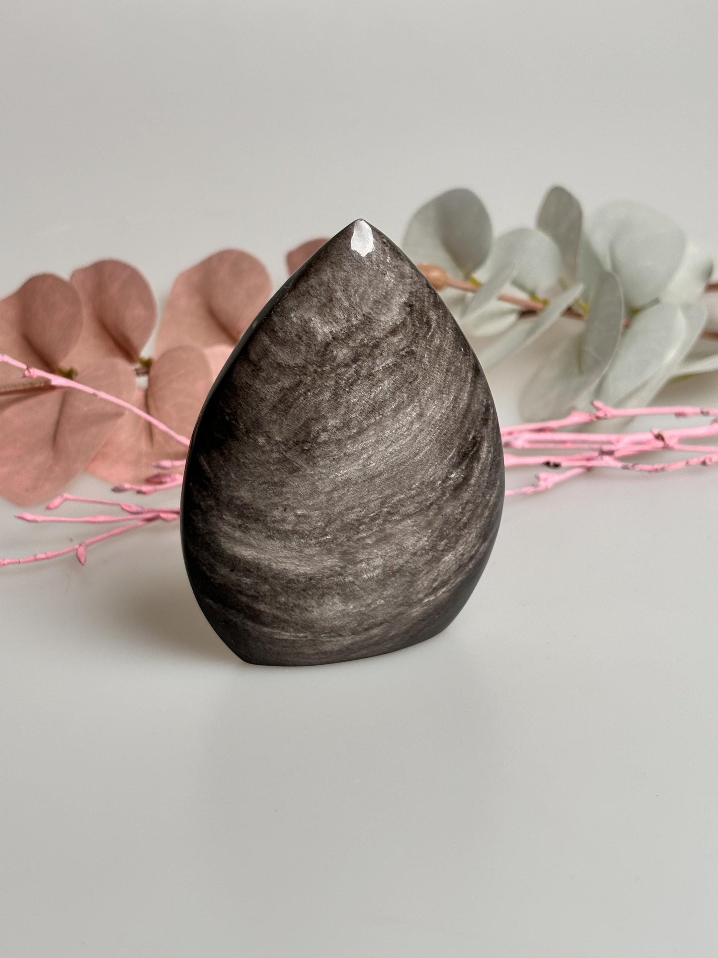Silber Obsidian Teardrop Freiform - Schöner Flash, Dekorativ, 8 cm Hoch, Einzigartiges Stück für Ihre Sammlung