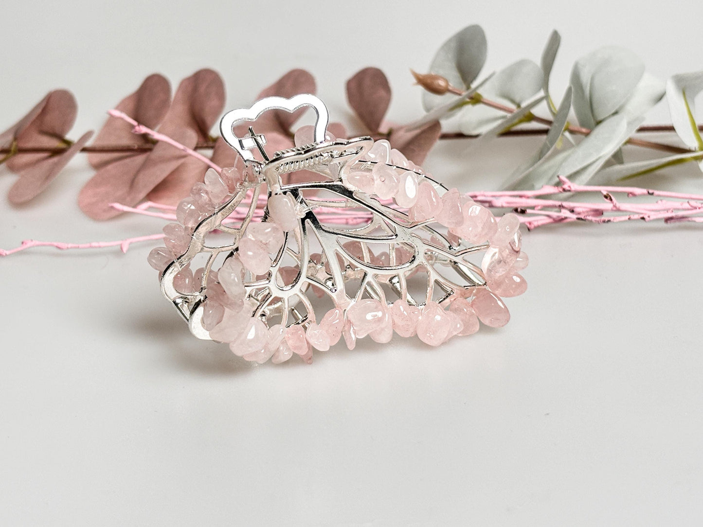 Elegant butterfly hair clip made of silver with rose quartz chips – beautiful piece of jewelry for stylish looks