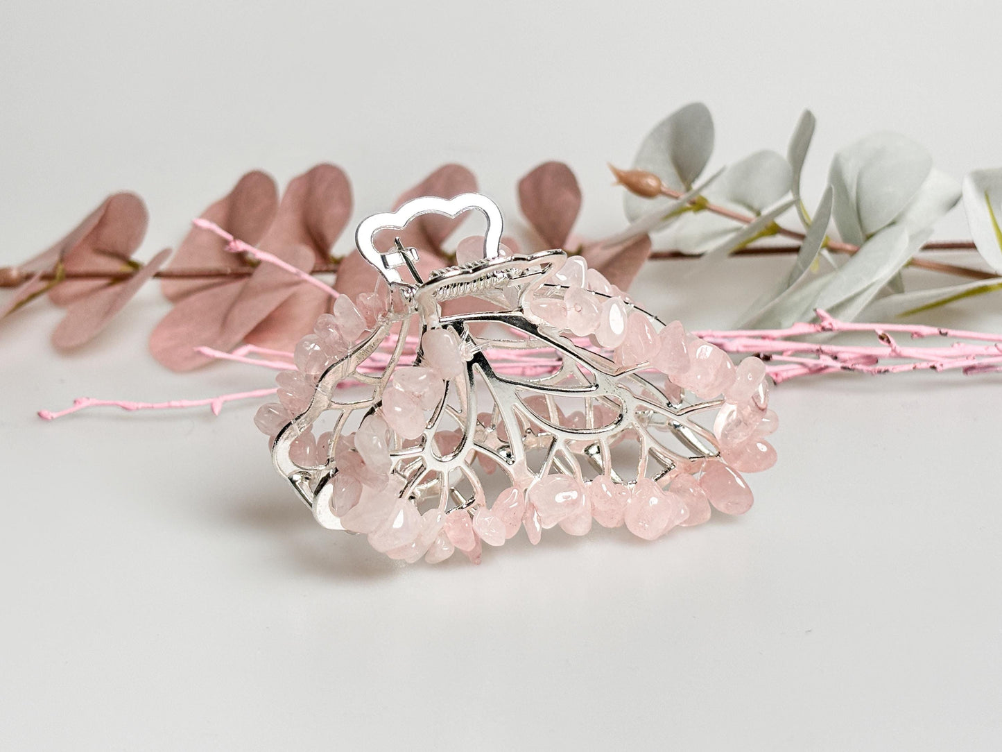 Elegant butterfly hair clip made of silver with rose quartz chips – beautiful piece of jewelry for stylish looks