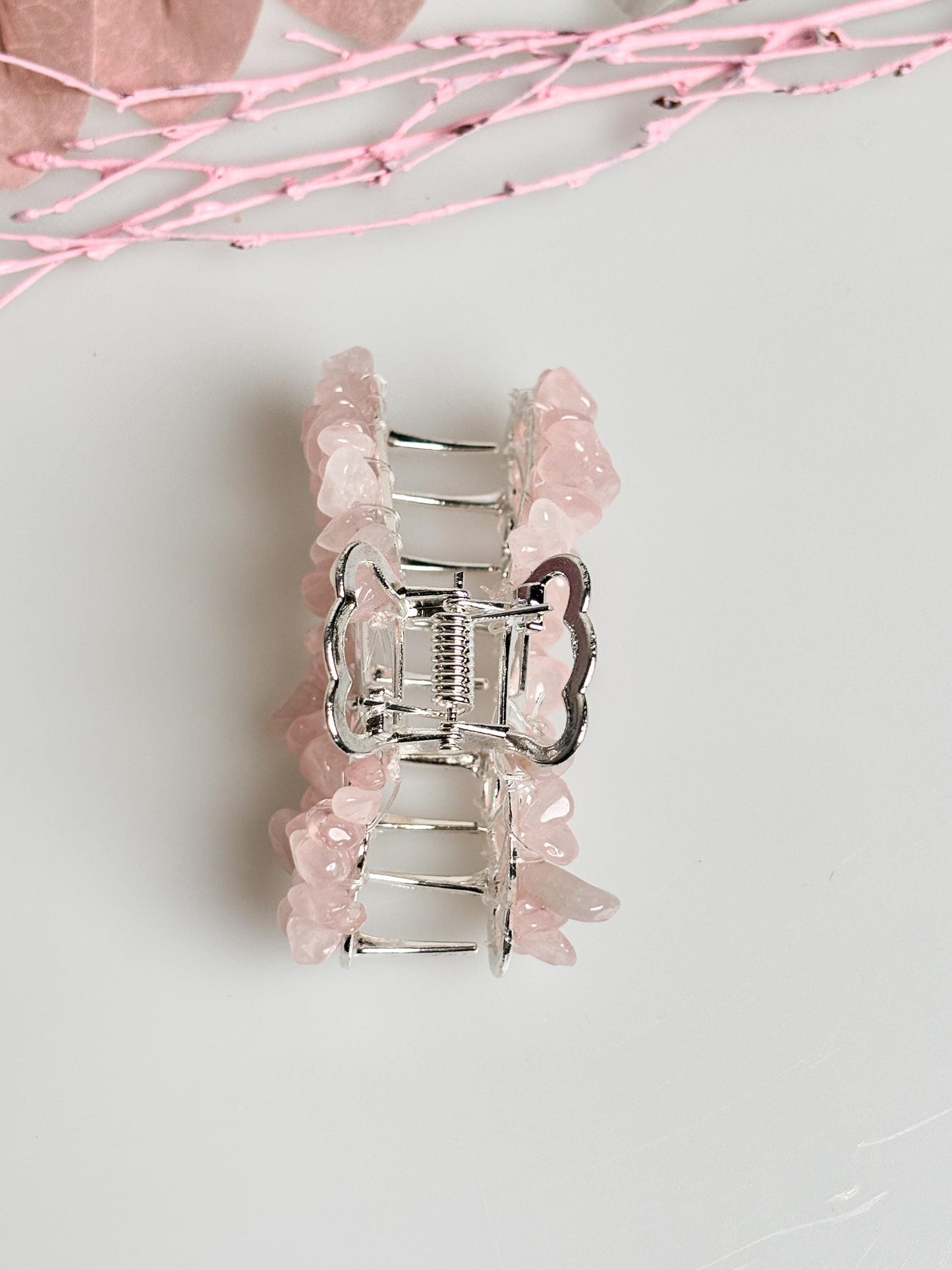 Elegant butterfly hair clip made of silver with rose quartz chips – beautiful piece of jewelry for stylish looks