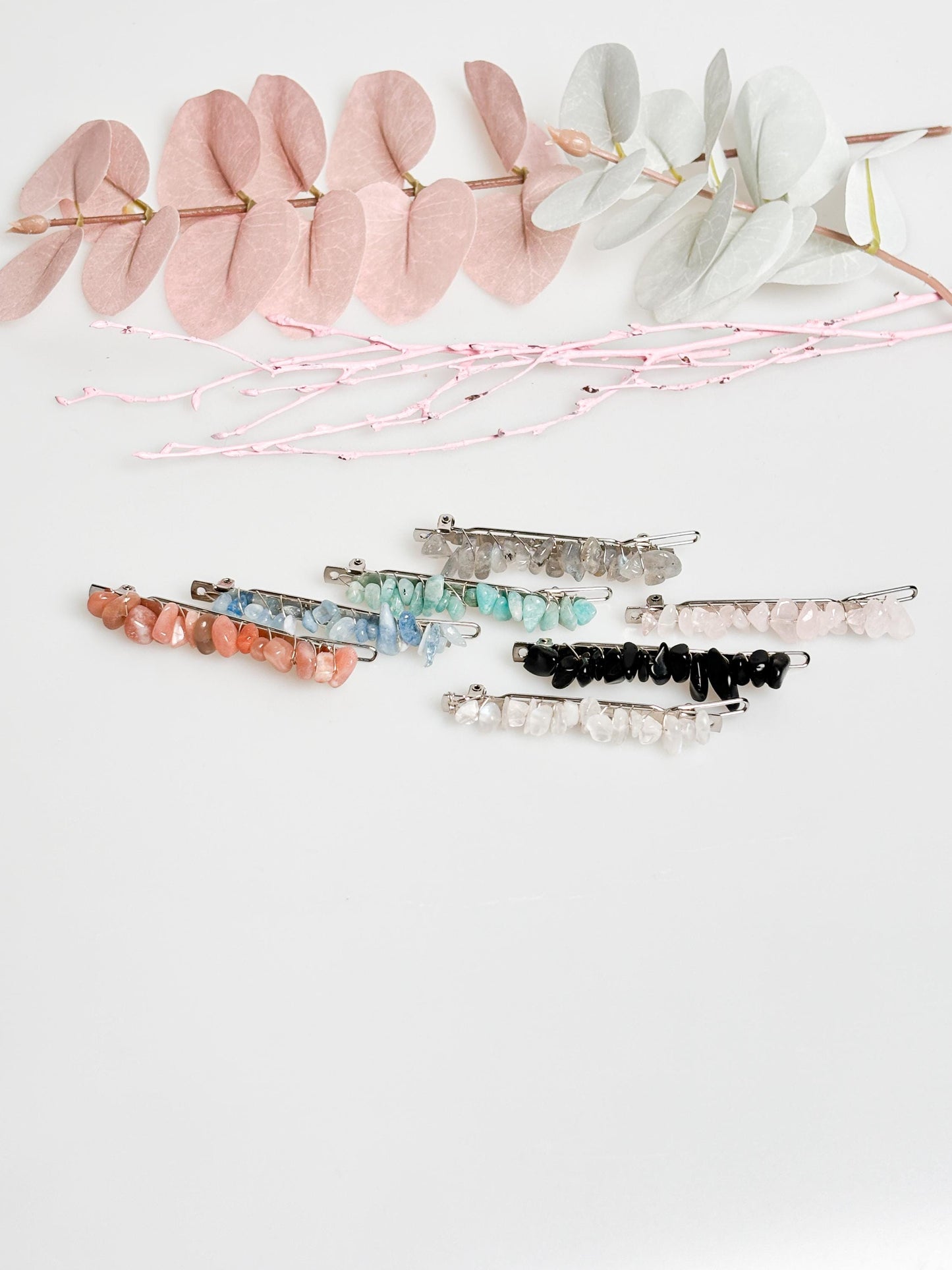 Delicate boho-style hair clips with various crystals - elegant accents for your look and spiritual energy for every day.