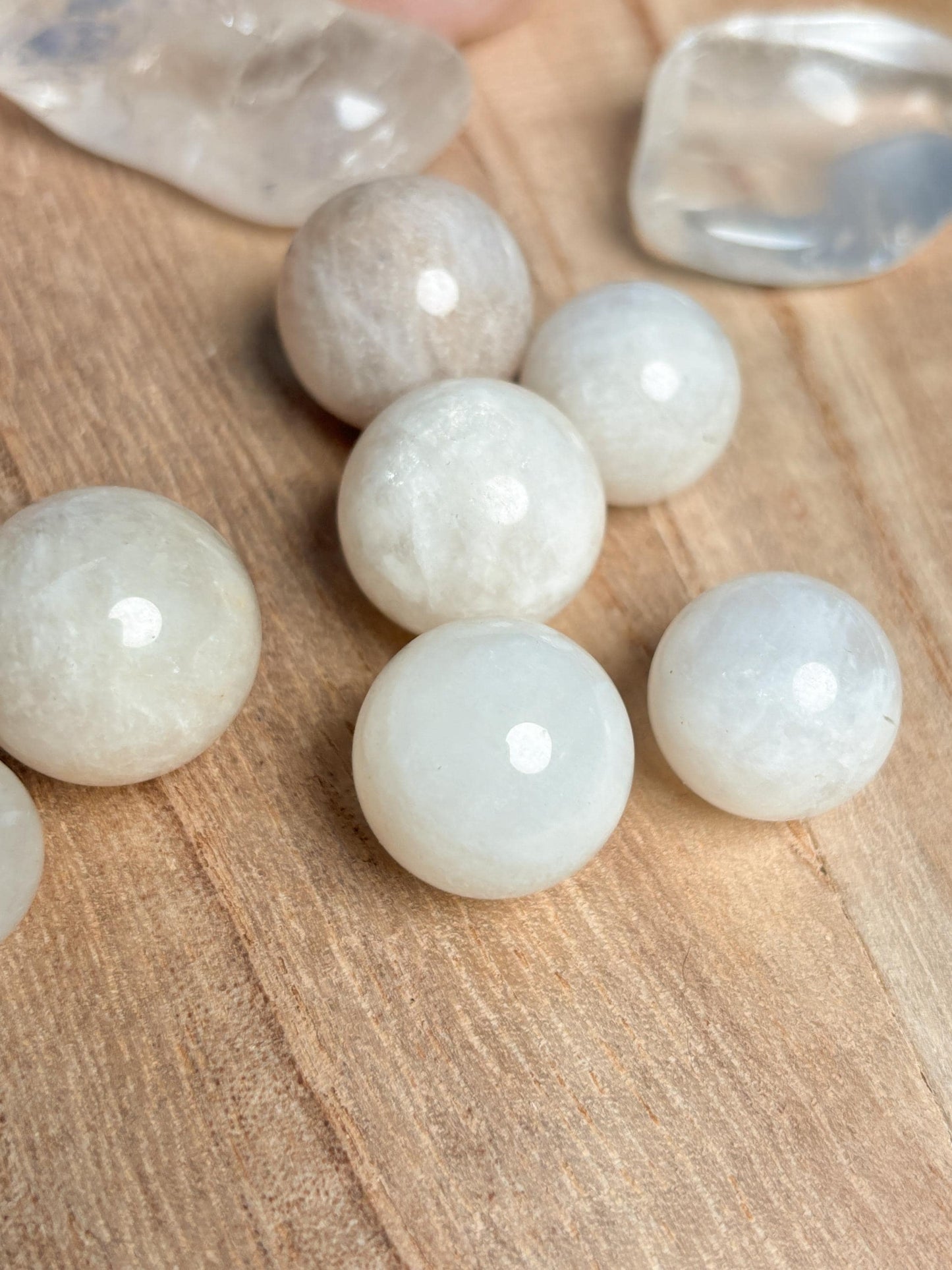 Mini Moonstone Spheres with Radiant Flash – Various Sizes, Perfect for Jewelry & Decoration