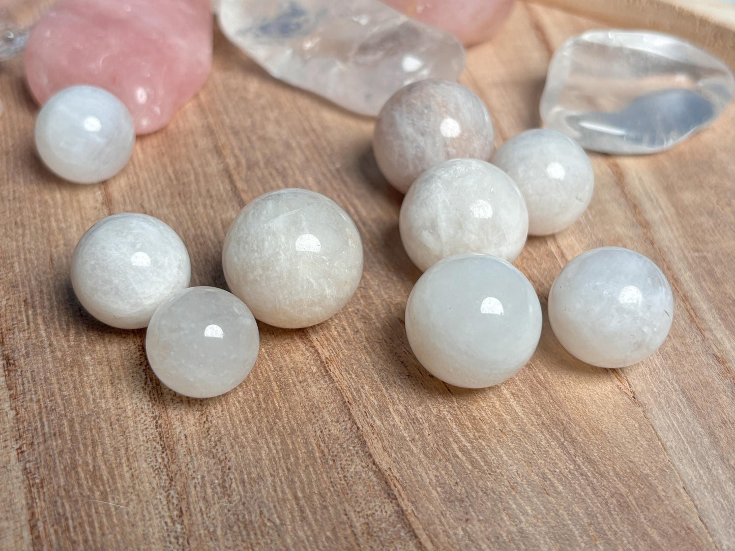 Mini Moonstone Spheres with Radiant Flash – Various Sizes, Perfect for Jewelry & Decoration
