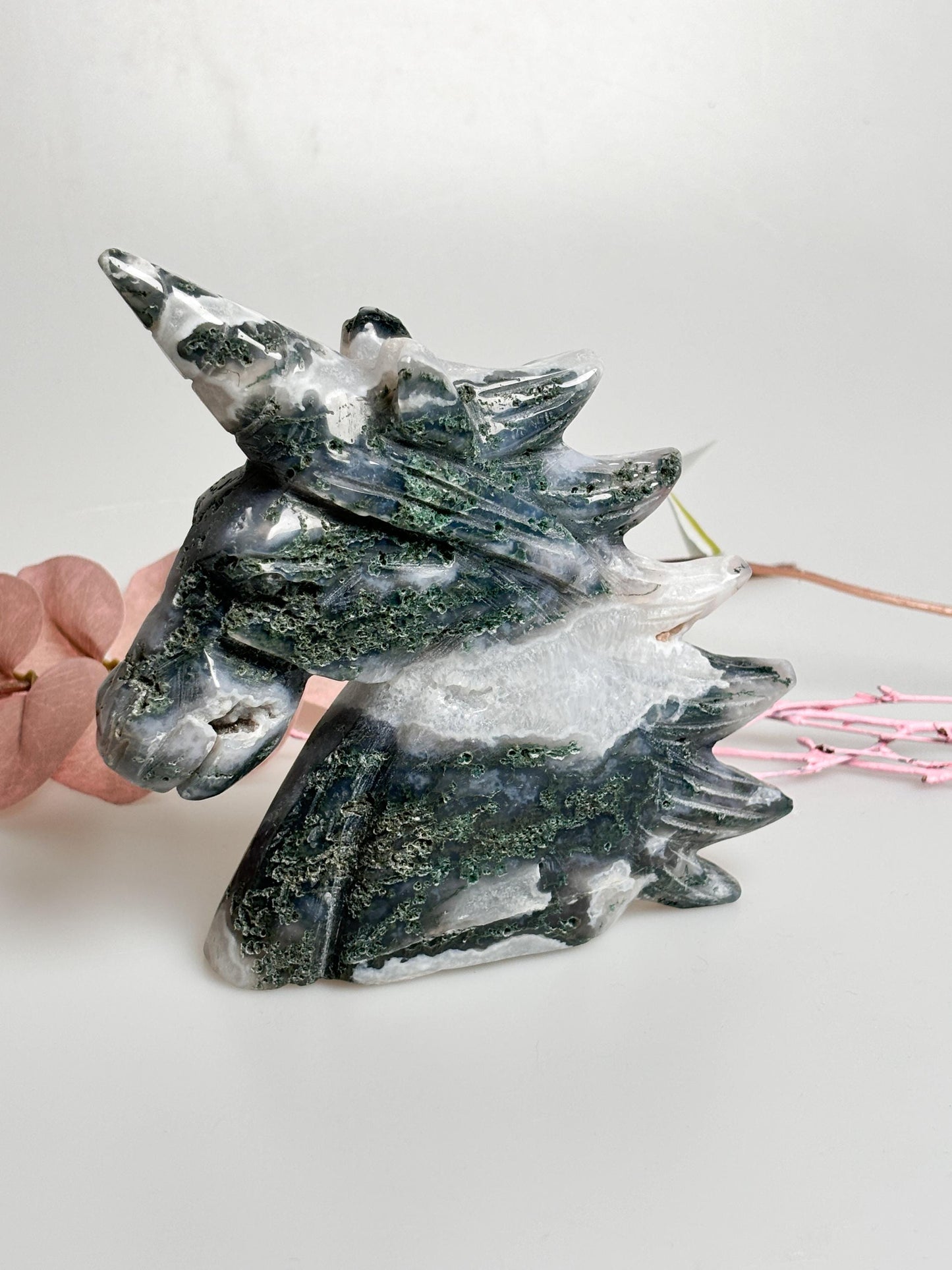 Large unicorn made of moss agate, unique with fascinating moss structure & sparkling druzy. Perfect as decoration!