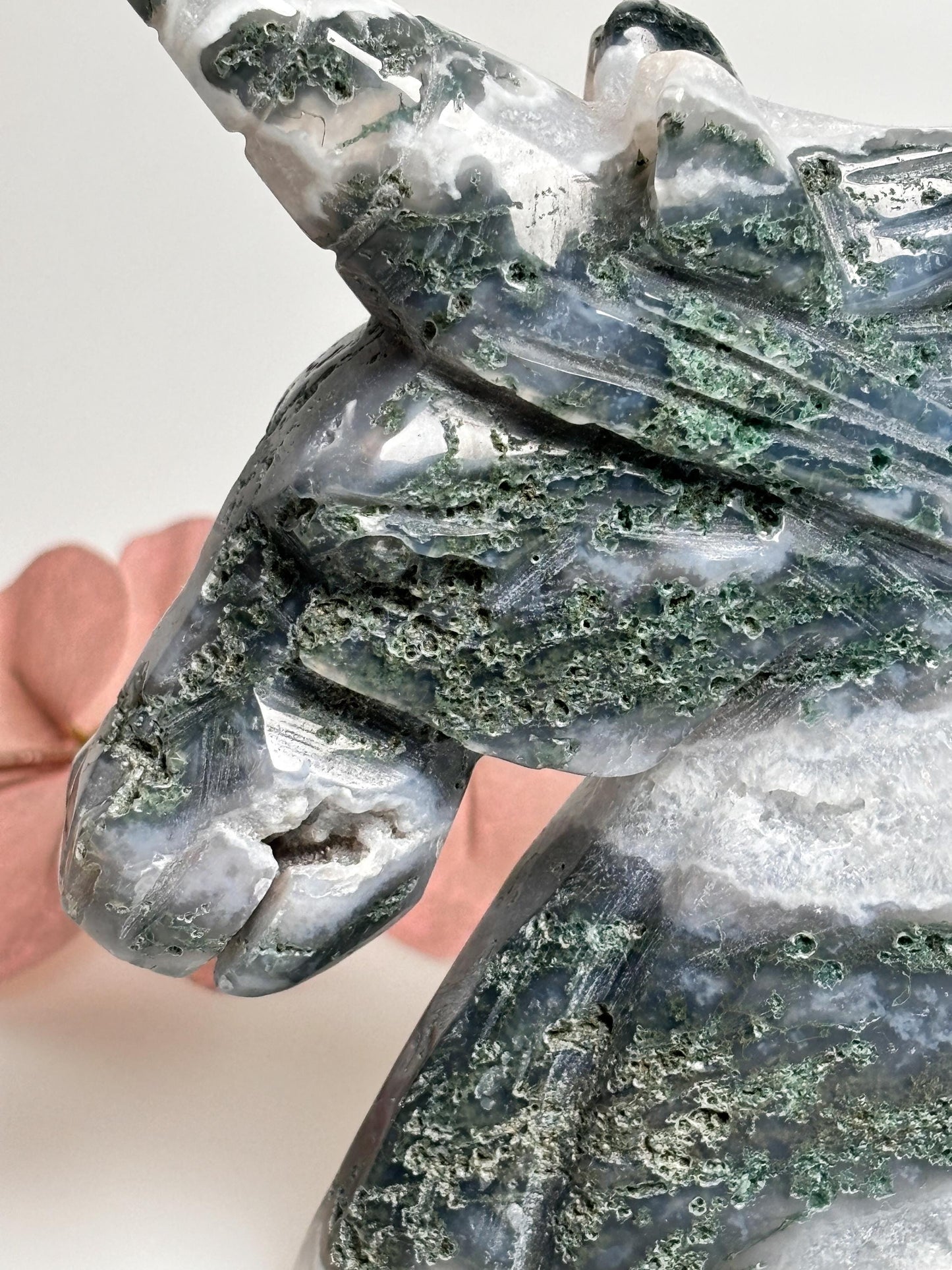 Large unicorn made of moss agate, unique with fascinating moss structure & sparkling druzy. Perfect as decoration!