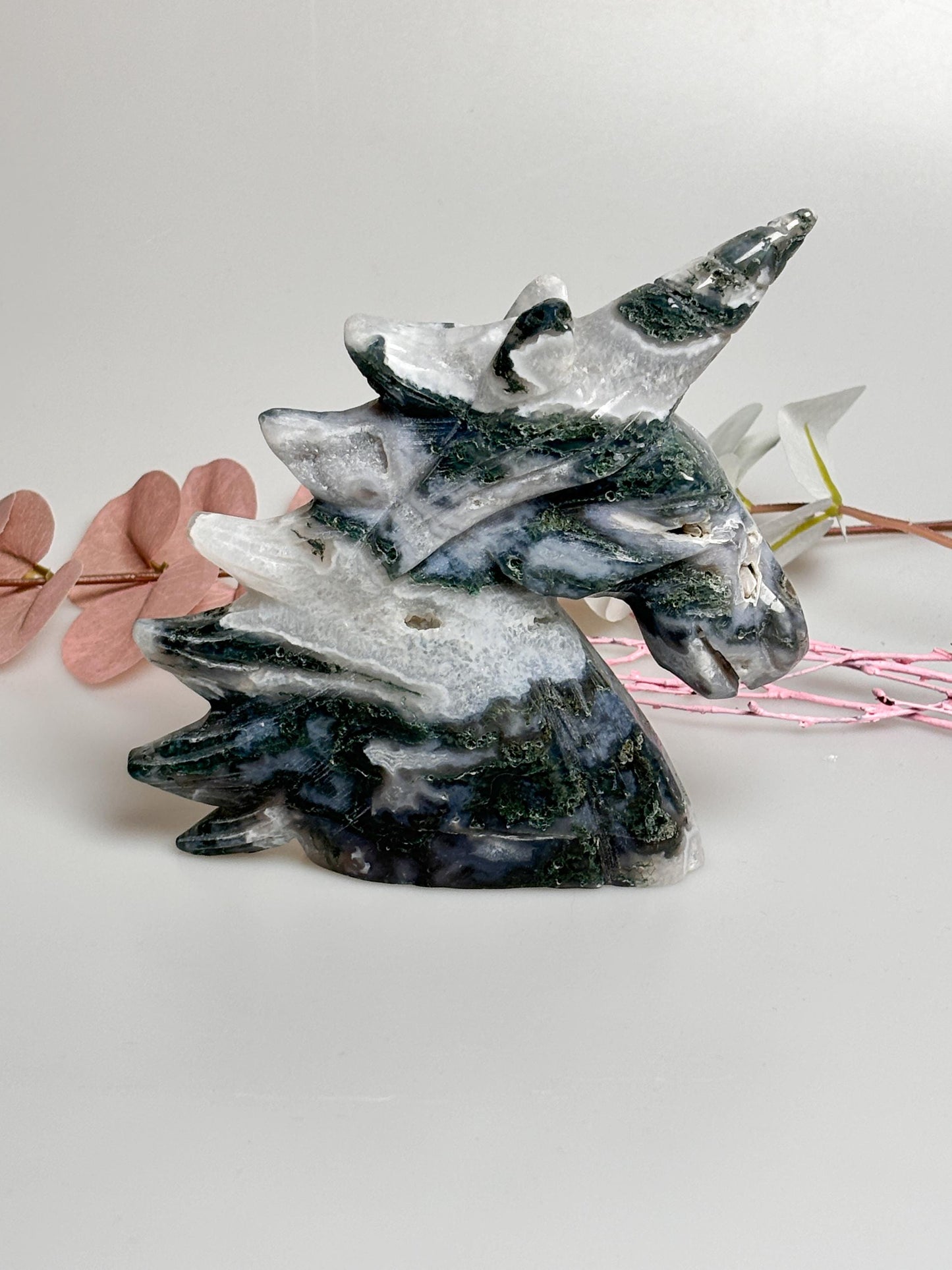 Large unicorn made of moss agate, unique with fascinating moss structure & sparkling druzy. Perfect as decoration!