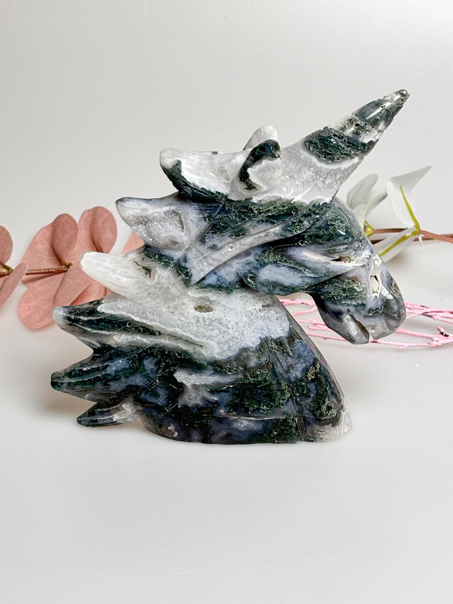 Large unicorn made of moss agate, unique with fascinating moss structure & sparkling druzy. Perfect as decoration!