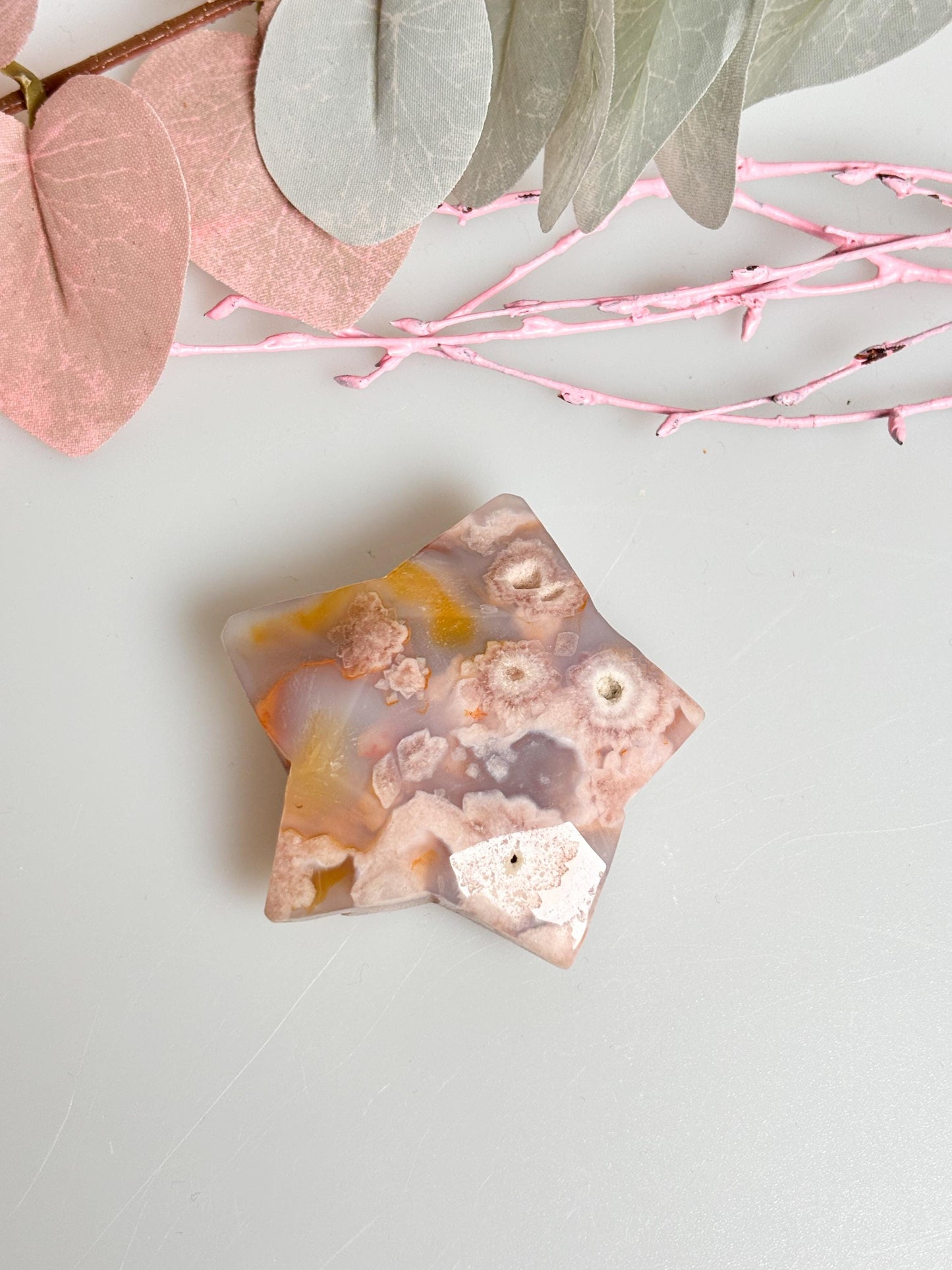 High-quality carving | Moon and star made of high-quality flower agate – unique decorative object and perfect gift for gemstone lovers