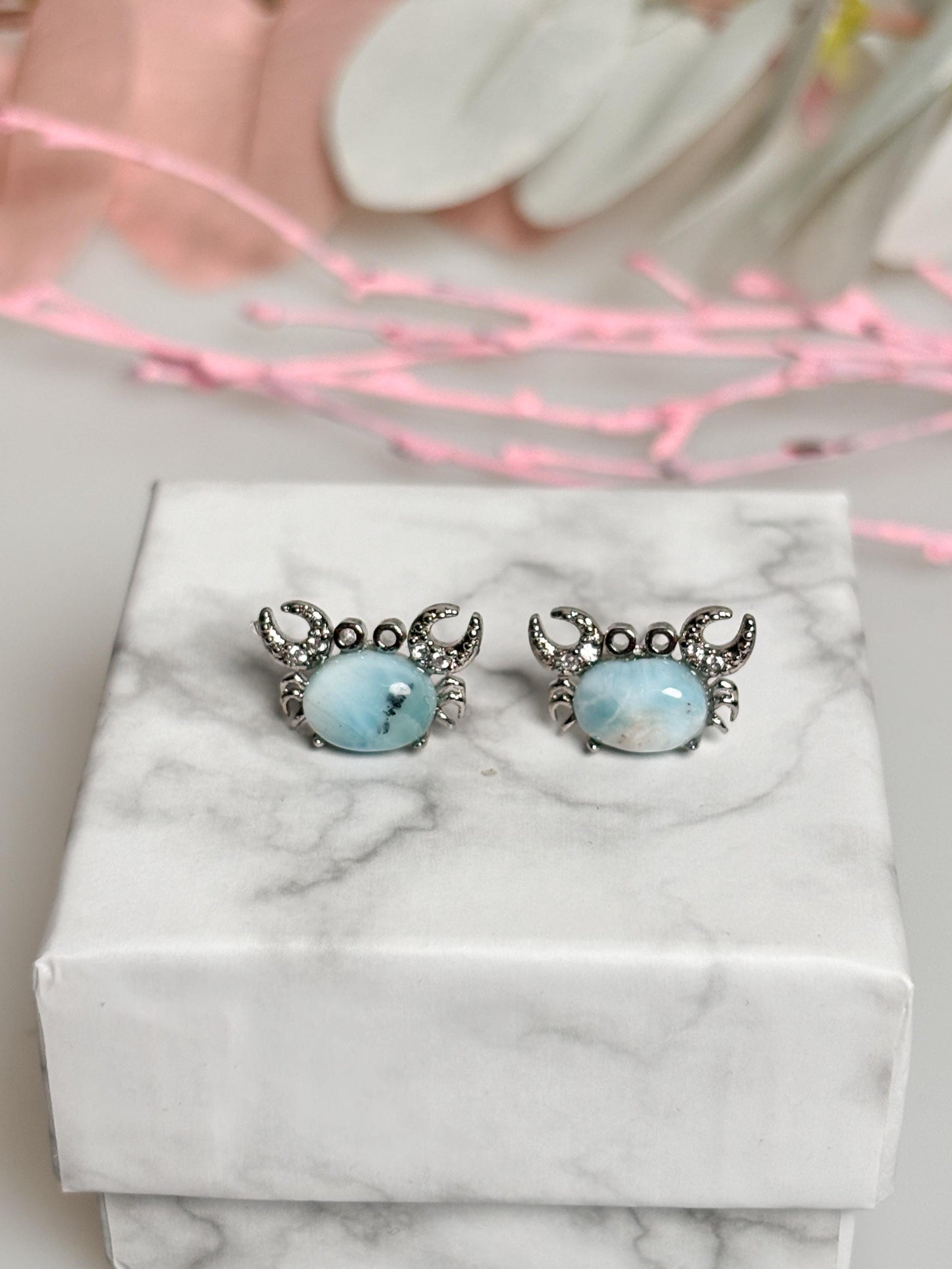 Beautiful Larimar crab-shaped earrings - maritime jewelry with 925 silver pin, unique earrings"