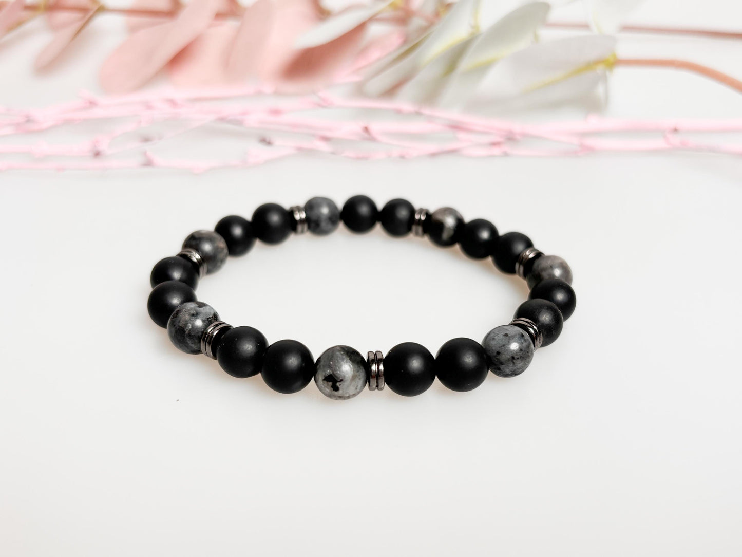 Elastic men's bracelet made of shungite and larvikite beads - protection & balance, handmade bracelet, gift idea