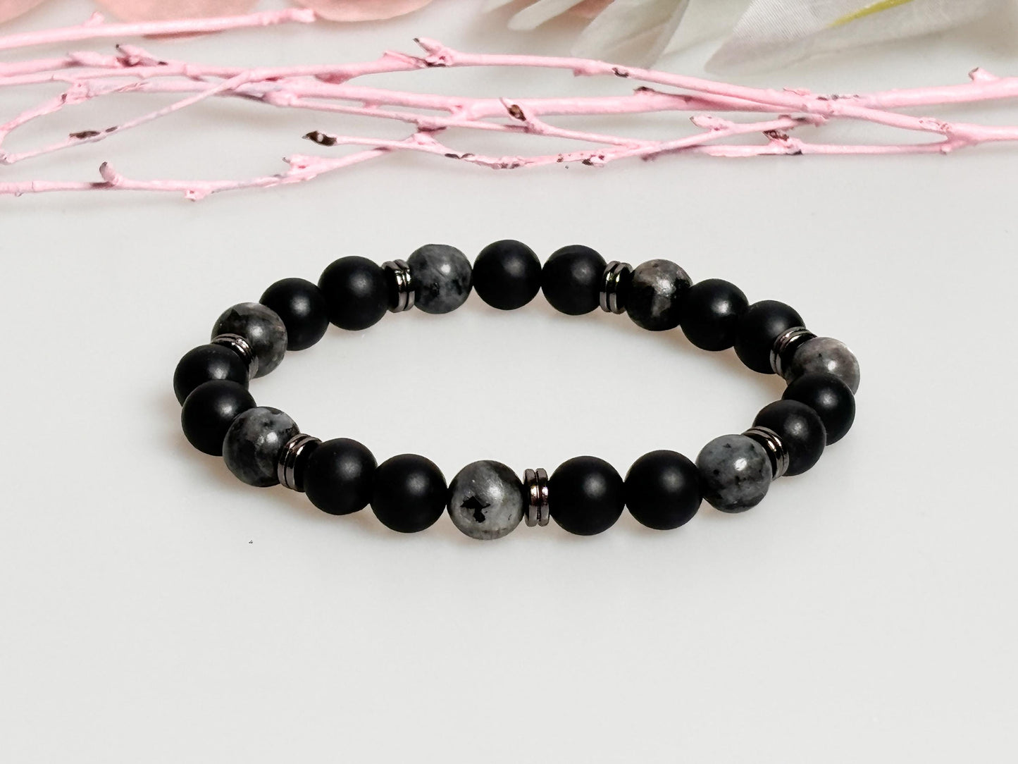 Elastic men's bracelet made of shungite and larvikite beads - protection & balance, handmade bracelet, gift idea