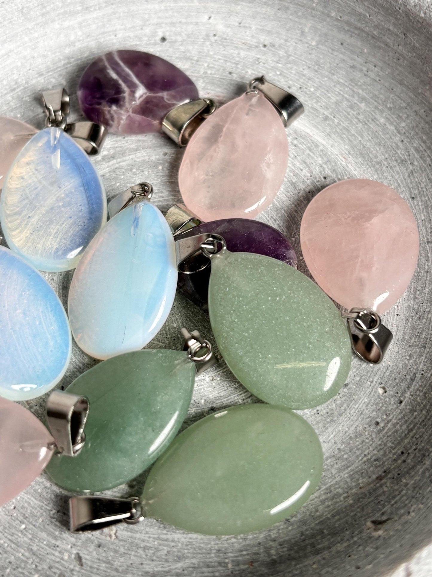 Various drop-shaped pendants - rose quartz, aventurine, amethyst & opalite. Choose your favorite stone!