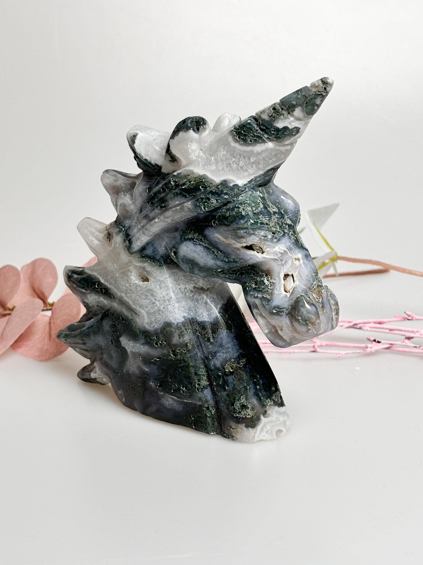 Large unicorn made of moss agate, unique with fascinating moss structure & sparkling druzy. Perfect as decoration!