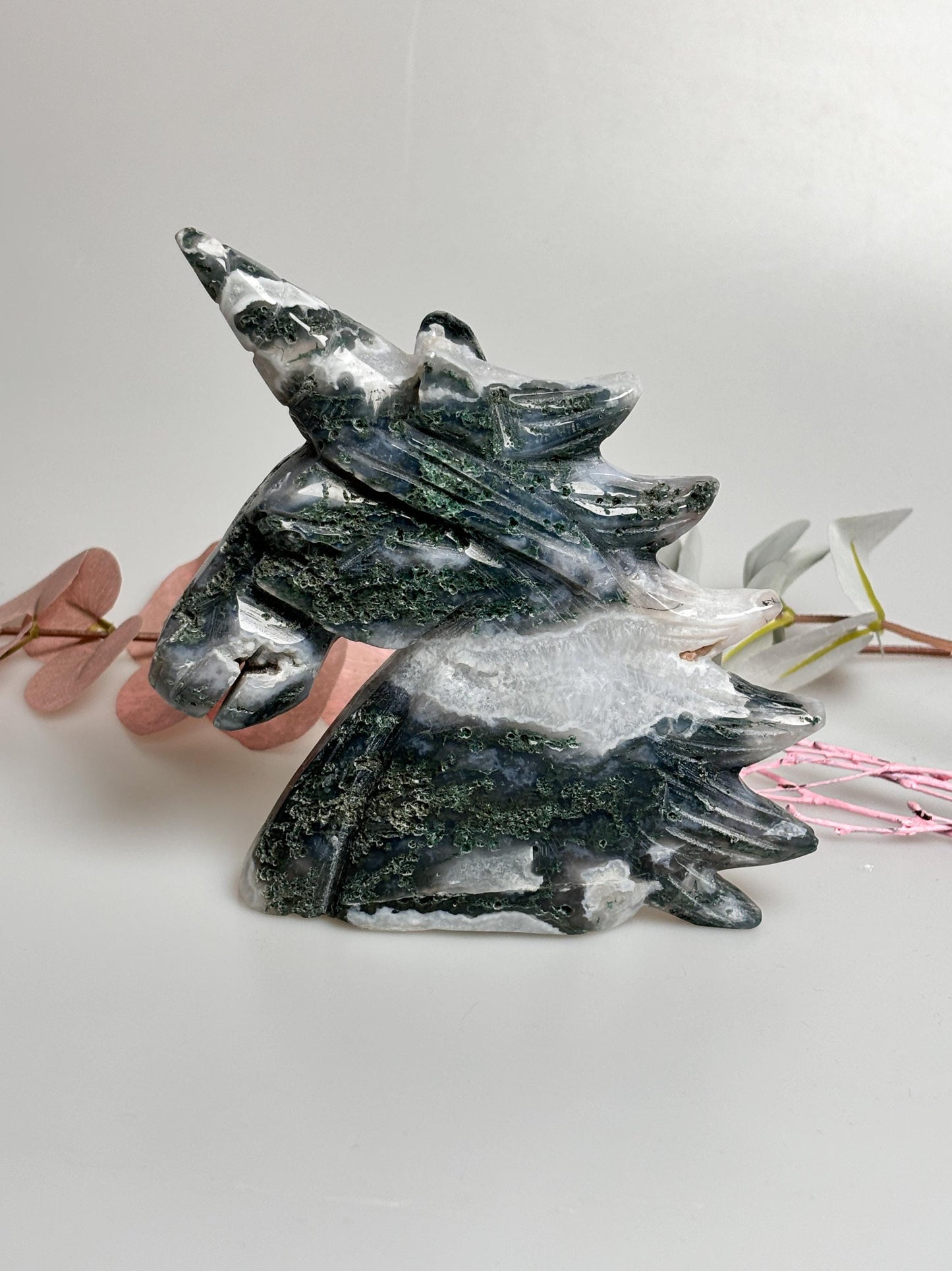 Large unicorn made of moss agate, unique with fascinating moss structure & sparkling druzy. Perfect as decoration!