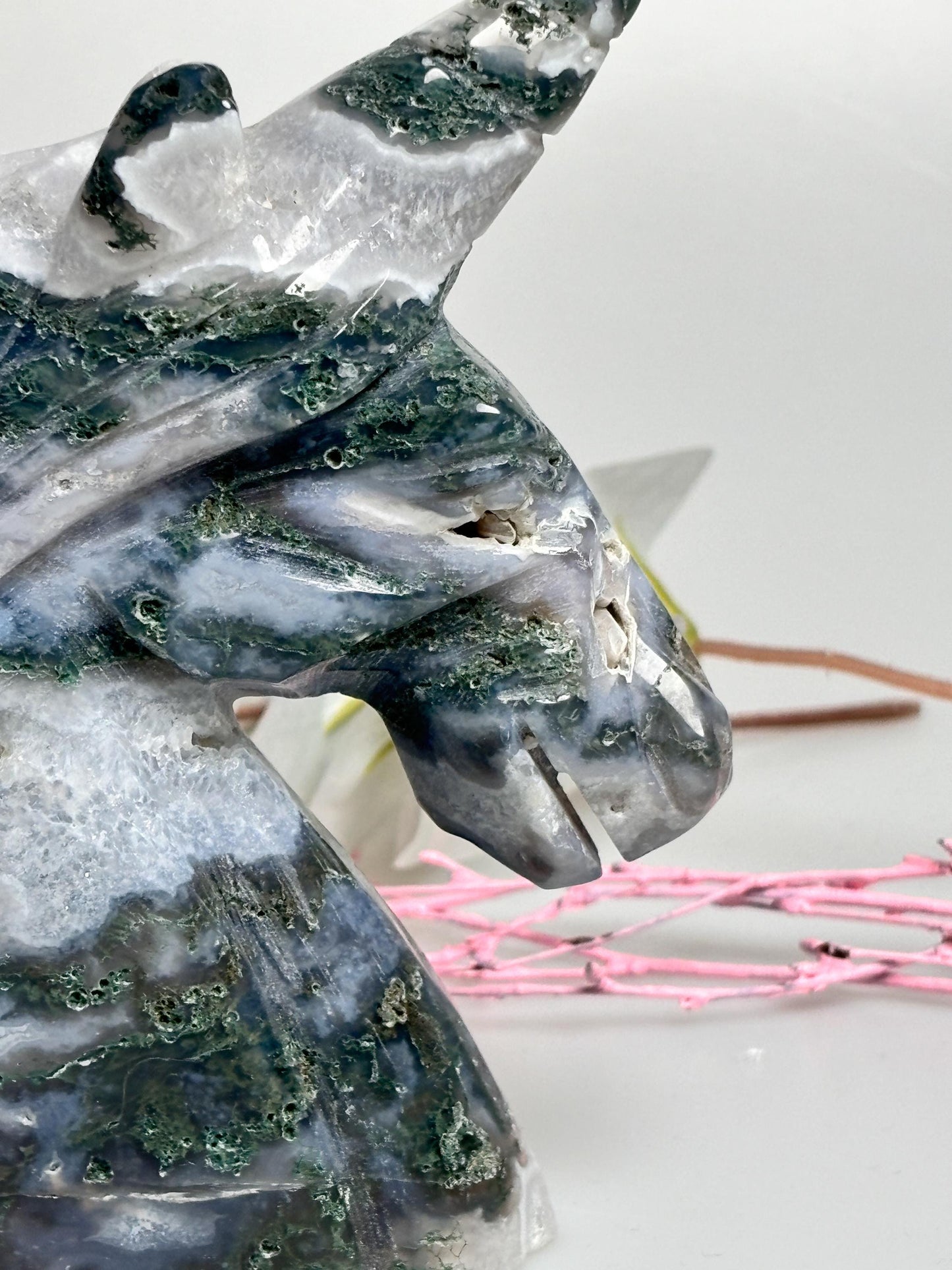 Large unicorn made of moss agate, unique with fascinating moss structure & sparkling druzy. Perfect as decoration!