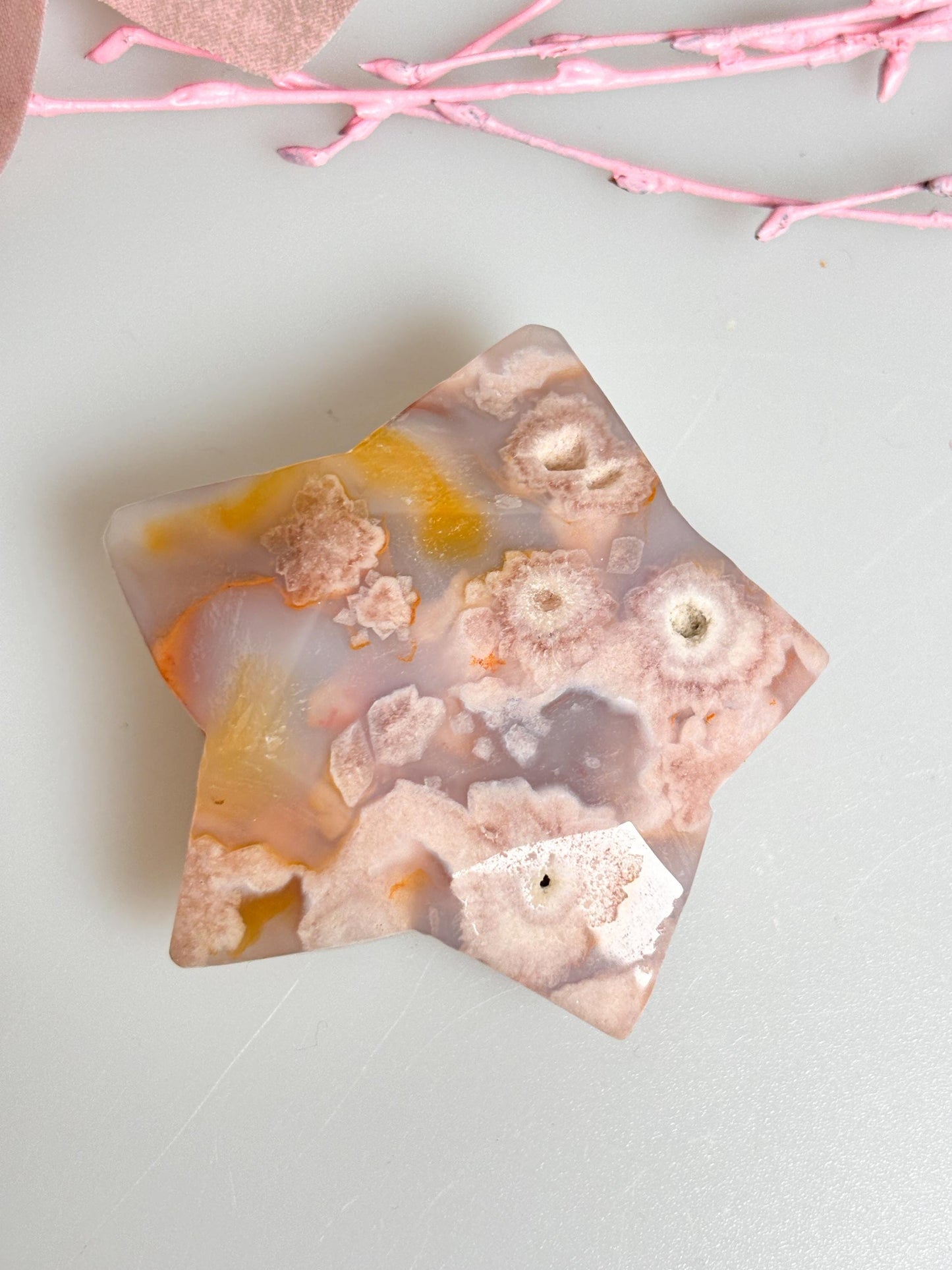 High-quality carving | Moon and star made of high-quality flower agate – unique decorative object and perfect gift for gemstone lovers