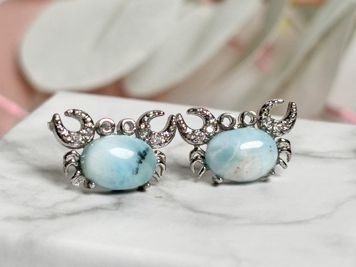Beautiful Larimar crab-shaped earrings - maritime jewelry with 925 silver pin, unique earrings"