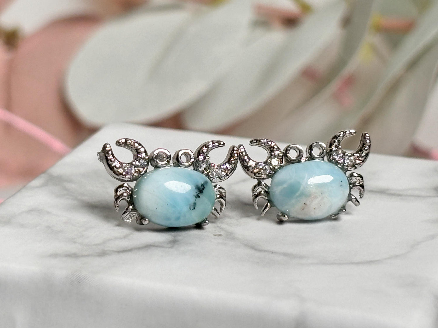 Beautiful Larimar crab-shaped earrings - maritime jewelry with 925 silver pin, unique earrings"