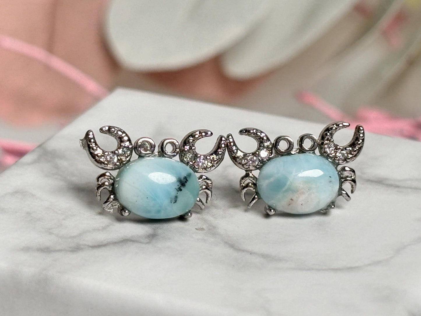 Beautiful Larimar crab-shaped earrings - maritime jewelry with 925 silver pin, unique earrings"
