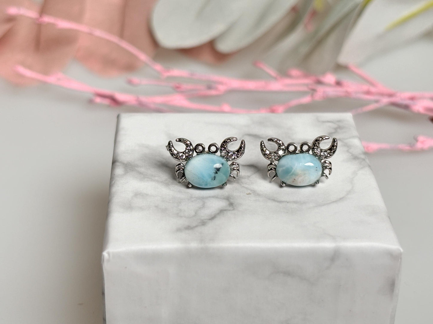 Beautiful Larimar crab-shaped earrings - maritime jewelry with 925 silver pin, unique earrings"