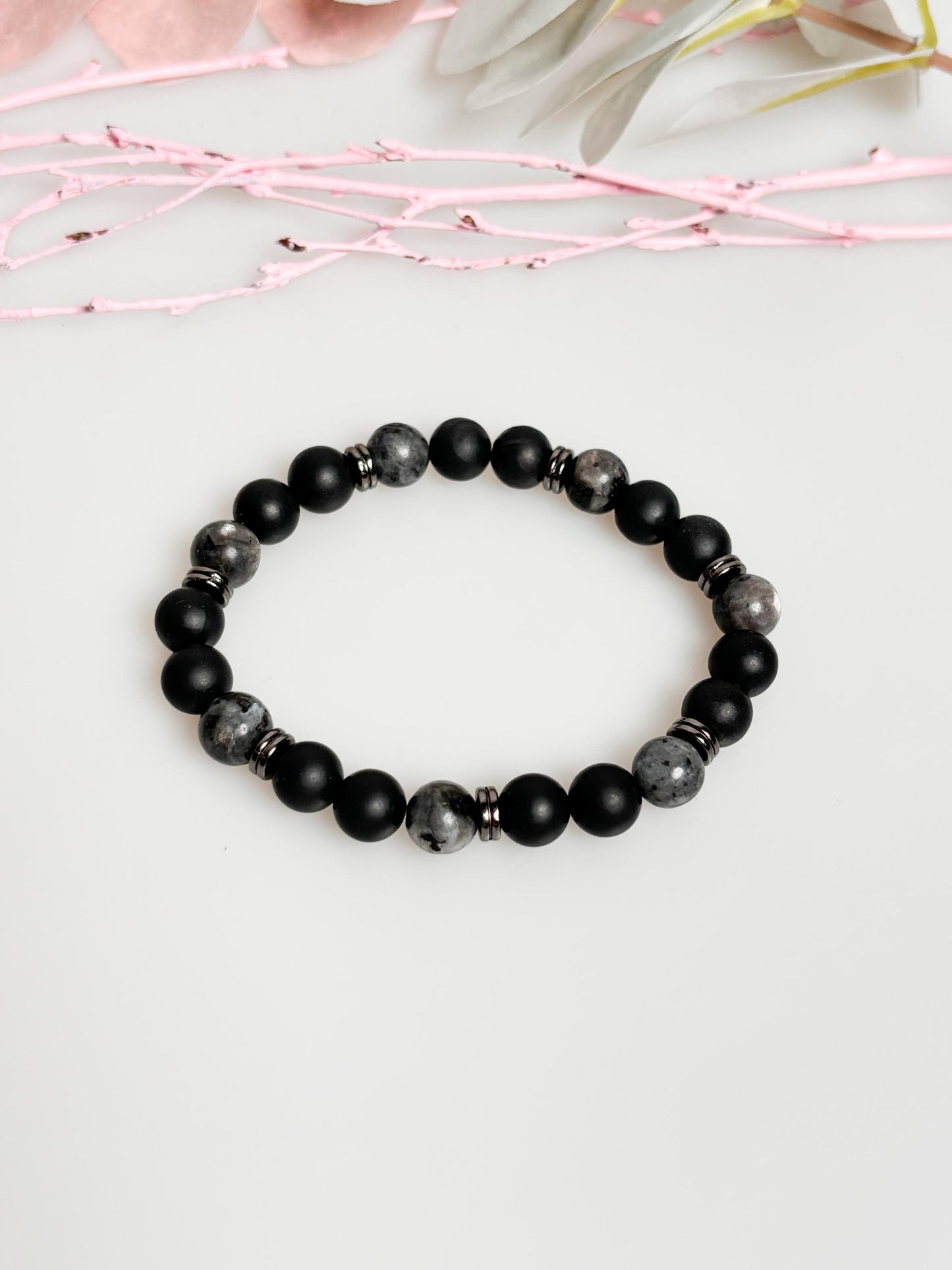 Elastic men's bracelet made of shungite and larvikite beads - protection & balance, handmade bracelet, gift idea