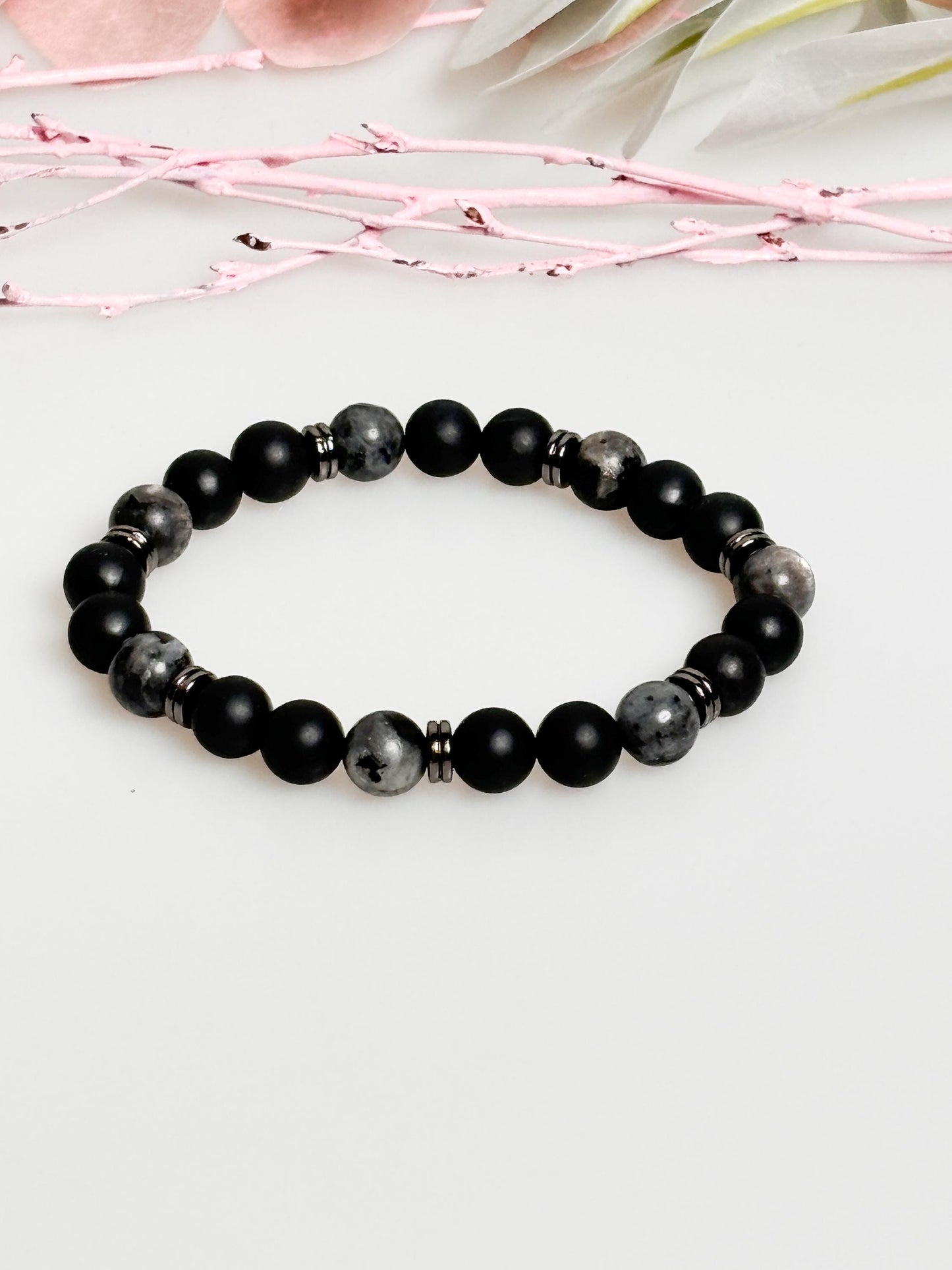 Elastic men's bracelet made of shungite and larvikite beads - protection & balance, handmade bracelet, gift idea