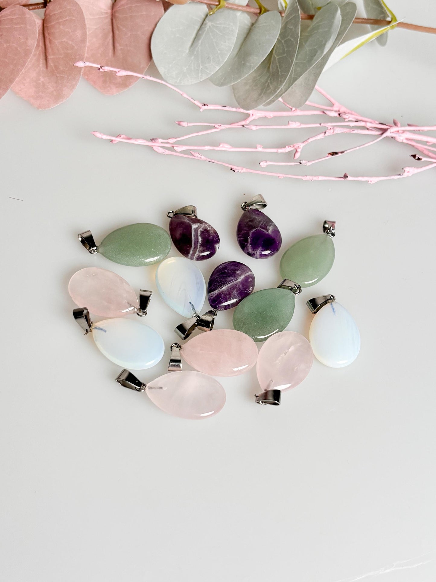 Various drop-shaped pendants - rose quartz, aventurine, amethyst & opalite. Choose your favorite stone!