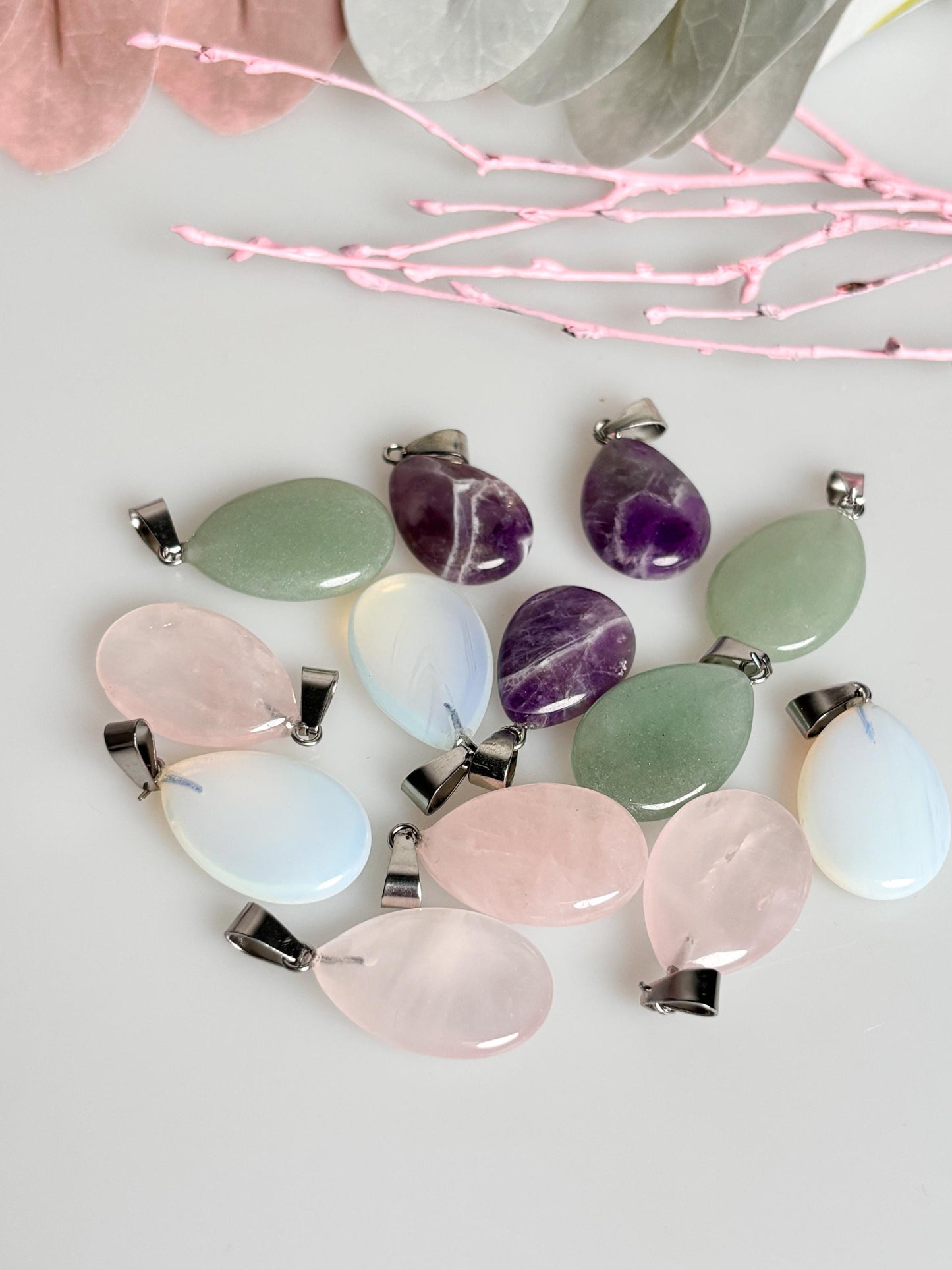 Various drop-shaped pendants - rose quartz, aventurine, amethyst & opalite. Choose your favorite stone!