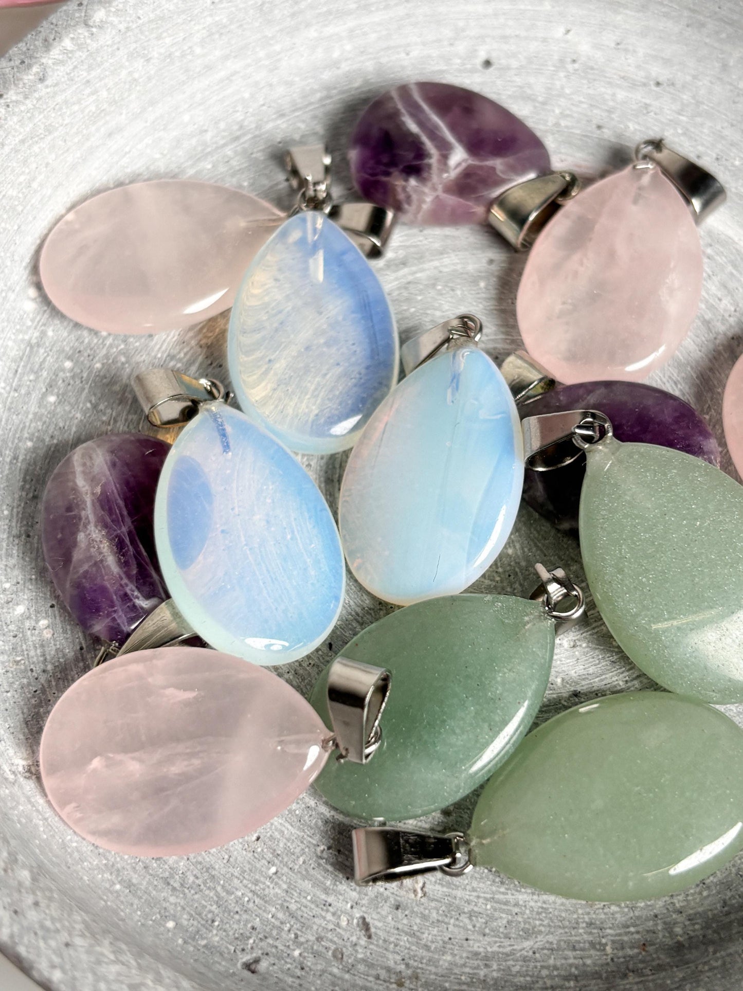 Various drop-shaped pendants - rose quartz, aventurine, amethyst & opalite. Choose your favorite stone!