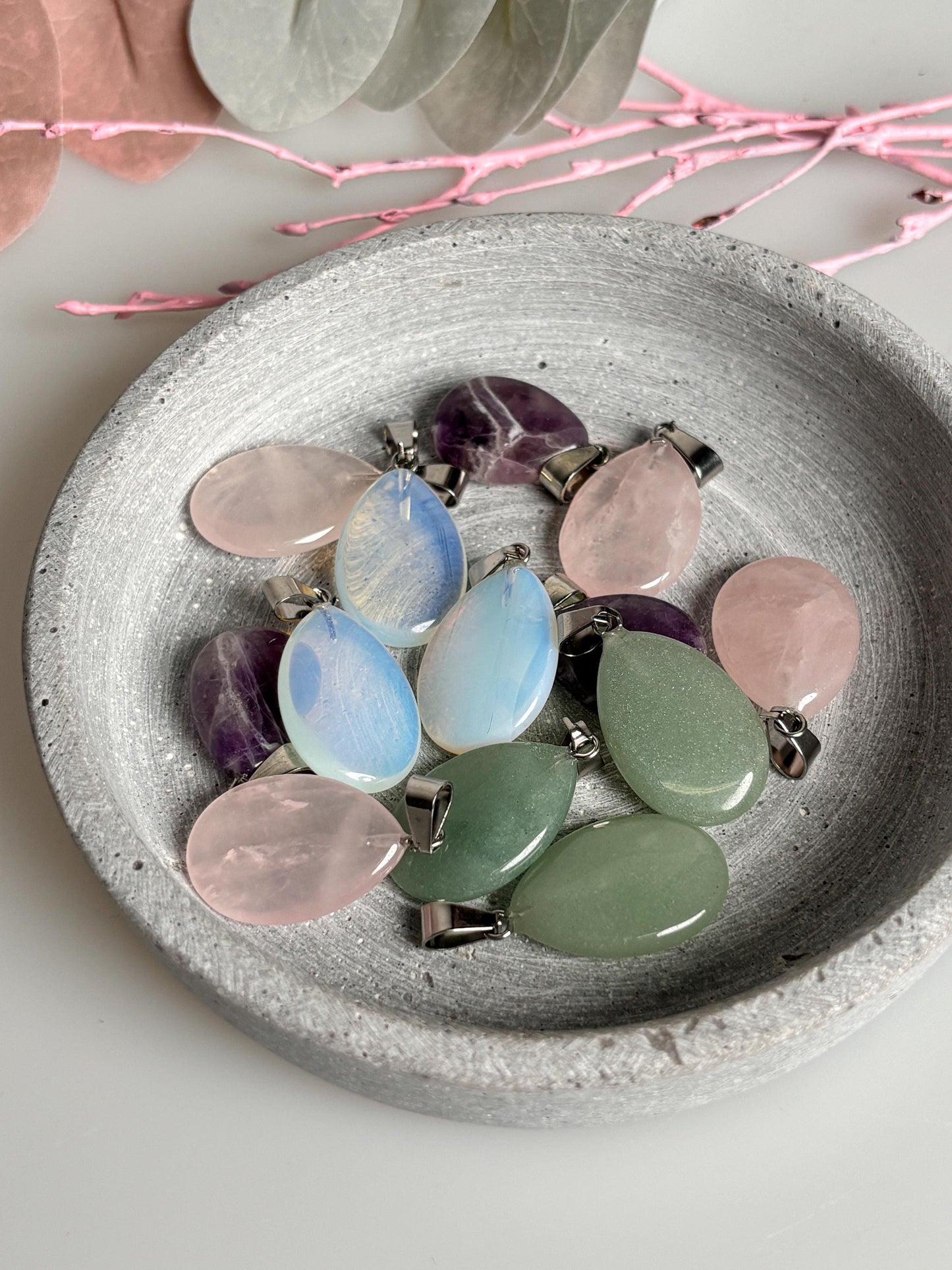Various drop-shaped pendants - rose quartz, aventurine, amethyst & opalite. Choose your favorite stone!