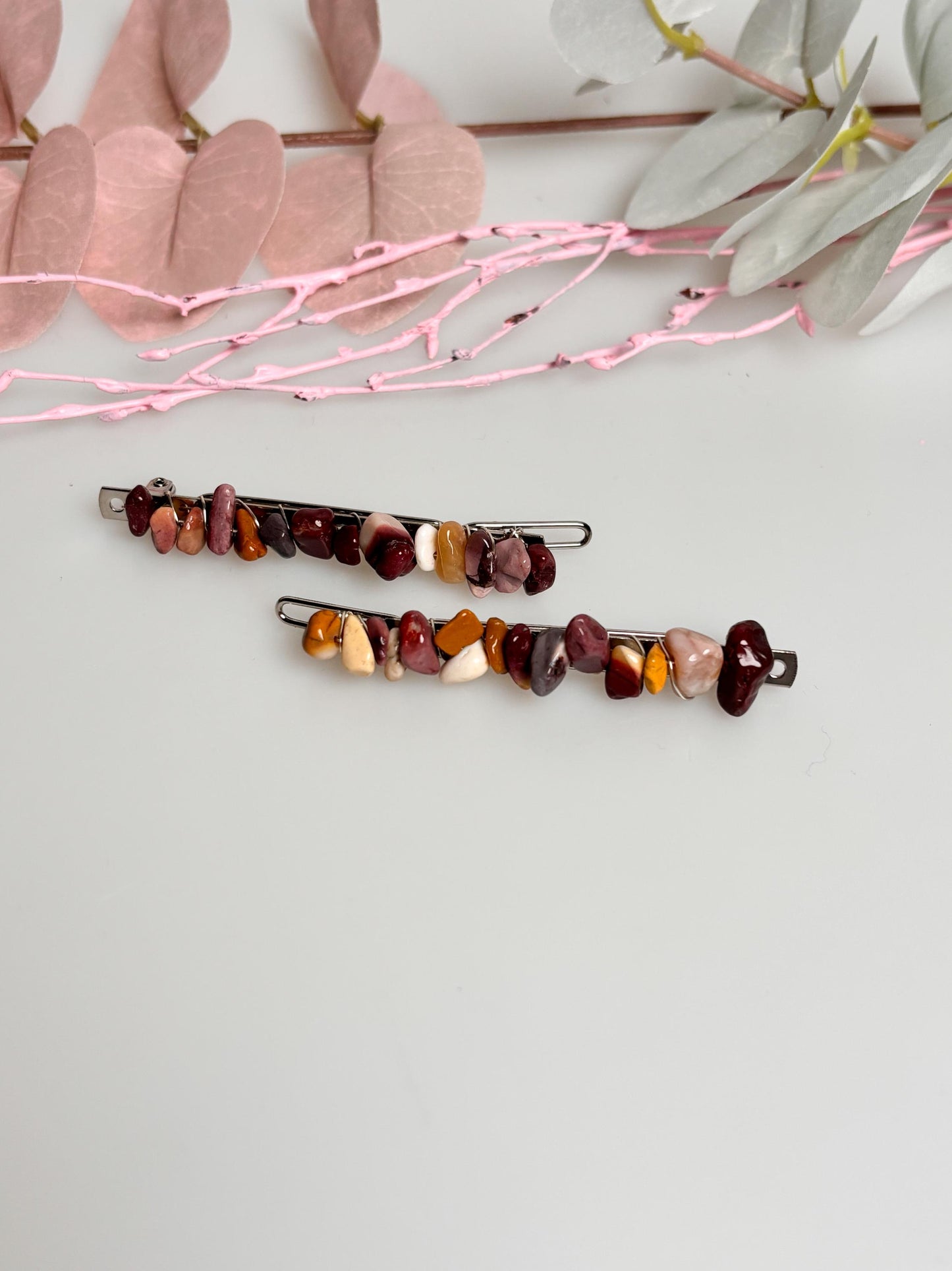 Zarte Haarklammern im Boho-Stil mit Edelsteinen Malachit, Peridot, Mookait, Blue Lace Achat