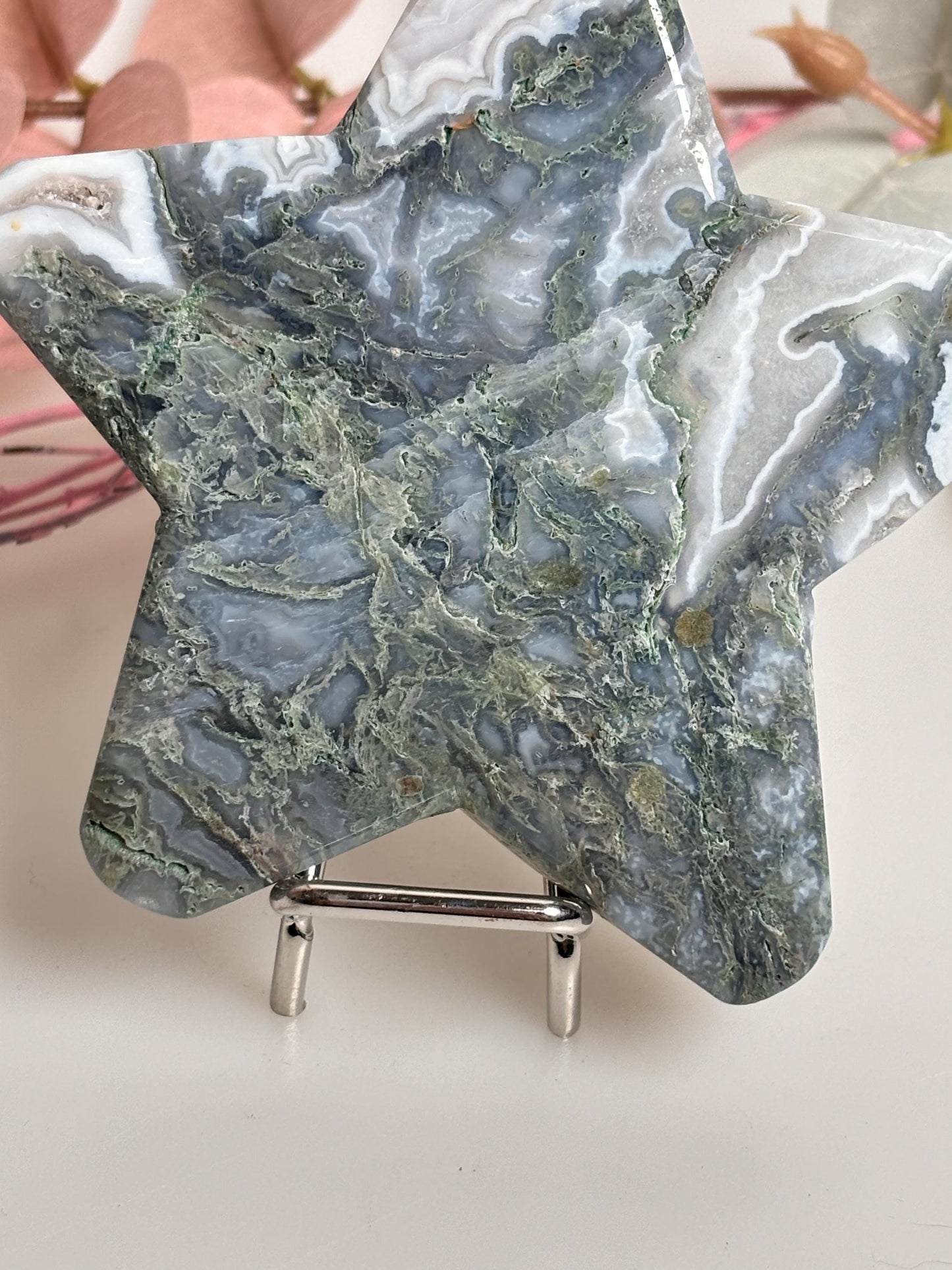 Großer Moosachat Stern  10 cm, einzigartige Moosstruktur, Deko-Unikat (134 g)