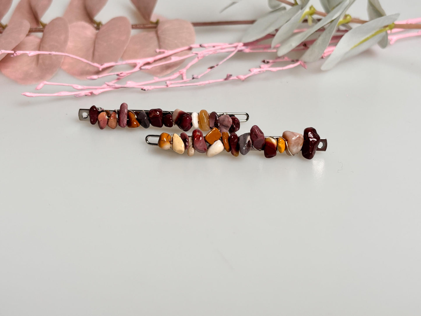 Zarte Haarklammern im Boho-Stil mit Edelsteinen Malachit, Peridot, Mookait, Blue Lace Achat